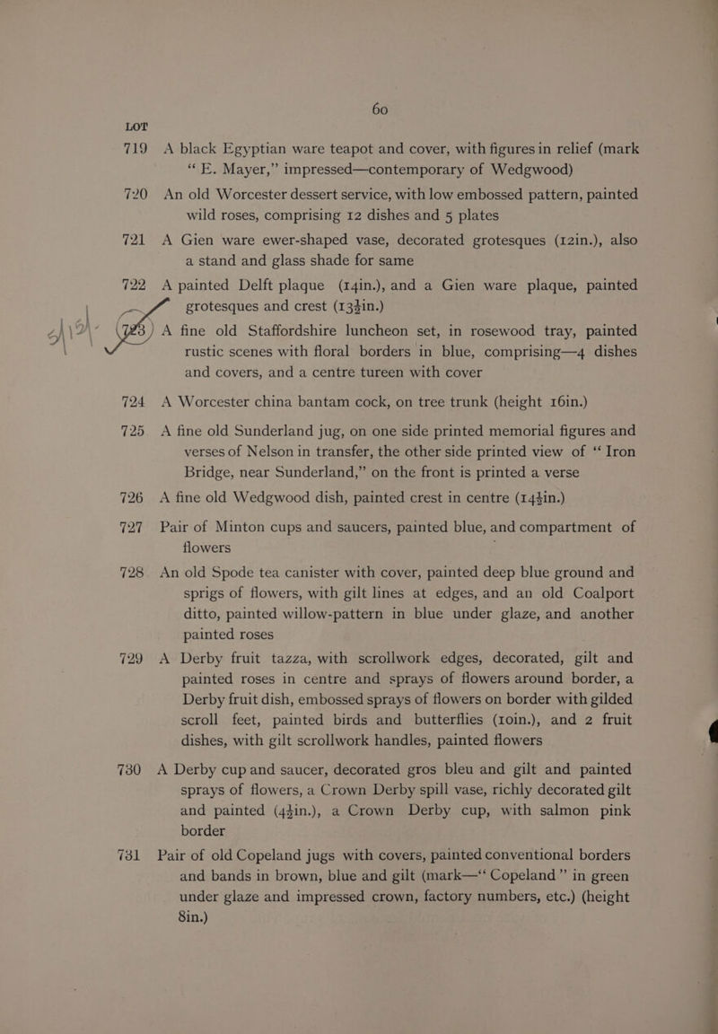 719 720 721 722 726 727 728 129 730 60 A black Egyptian ware teapot and cover, with figures in relief (mark ‘“‘ FE. Mayer,” impressed—contemporary of Wedgwood) An old Worcester dessert service, with low embossed pattern, painted wild roses, comprising 12 dishes and 5 plates A Gien ware ewer-shaped vase, decorated grotesques (12in.), also a stand and glass shade for same A painted Delft plaque (14in.), and a Gien ware plaque, painted grotesques and crest (134in.) rustic scenes with floral borders in blue, comprising—4 dishes and covers, and a centre tureen with cover A Worcester china bantam cock, on tree trunk (height 16in.) A fine old Sunderland jug, on one side printed memorial figures and verses of Nelson in transfer, the other side printed view of ‘“‘ Iron Bridge, near Sunderland,” on the front is printed a verse A fine old Wedgwood dish, painted crest in centre (144in.) Pair of Minton cups and saucers, painted blue, and compartment of flowers An old Spode tea canister with cover, painted deep blue ground and sprigs of flowers, with gilt lines at edges, and an old Coalport ditto, painted willow-pattern in blue under glaze, and another painted roses A Derby fruit tazza, with scrollwork edges, decorated, gilt and painted roses in centre and sprays of flowers around border, a Derby fruit dish, embossed sprays of flowers on border with gilded scroll feet, painted birds and butterflies (1oin.), and 2 fruit dishes, with gilt scrollwork handles, painted flowers A Derby cup and saucer, decorated gros bleu and gilt and painted sprays of flowers, a Crown Derby spill vase, richly decorated gilt and painted (44in.), a Crown Derby cup, with salmon pink border Pair of old Copeland jugs with covers, painted conventional borders and bands in brown, blue and gilt (mark—‘‘ Copeland ”’ in green under glaze and impressed crown, factory numbers, etc.) (height 8in.) ee,