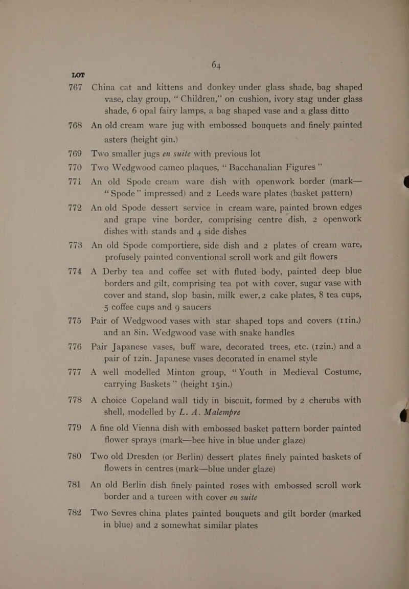 778 179 780 781 182 64 China cat and kittens and donkey under glass shade, bag shaped vase, clay group, ‘‘ Children,” on cushion, ivory stag under glass shade, 6 opal fairy lamps, a bag shaped vase and a glass ditto An old cream ware jug with embossed bouquets and finely painted asters (height gin.) Two smaller jugs en suzte with previous lot Two Wedgwood cameo plaques, ‘‘ Bacchanalian Figures ”’ An old Spode cream ware dish with openwork border (mark— “Spode” impressed) and 2 Leeds ware plates (basket pattern) An old Spode dessert service in cream ware, painted brown edges and grape vine border, comprising centre ‘dish, 2 openwork dishes with stands and 4 side dishes | An old Spode comportiere, side dish and 2 plates of cream ware, profusely painted conventional scroll work and gilt flowers A Derby tea and coffee set with fluted body, painted deep blue borders and gilt, comprising tea pot with cover, sugar vase with cover and stand, slop basin, milk ewer,2 cake plates, 8 tea cups, 5 coffee cups and g saucers Pair of Wedgwood vases with star shaped tops and covers (I1in.) and an 8in. Wedgwood vase with snake handles Pair Japanese vases, buff ware, decorated trees, etc. (12in.) and a pair of 12in. Japanese vases decorated in enamel style A well modelled Minton group, “ Youth in Medieval Costume, carrying Baskets” (height 151n.) A choice Copeland wall tidy in biscuit, formed by 2 cherubs with shell, modelled by L. A. Malempre A fine old Vienna dish with embossed basket pattern border painted flower sprays (mark—bee hive in blue under glaze) Two old Dresden (or Berlin) dessert plates finely painted baskets of flowers in centres (mark—blue under glaze) An old Berlin dish finely painted roses with embossed scroll work border and a tureen with cover en suite Two Sevres china plates painted bouquets and gilt border (marked in blue) and 2 somewhat similar plates