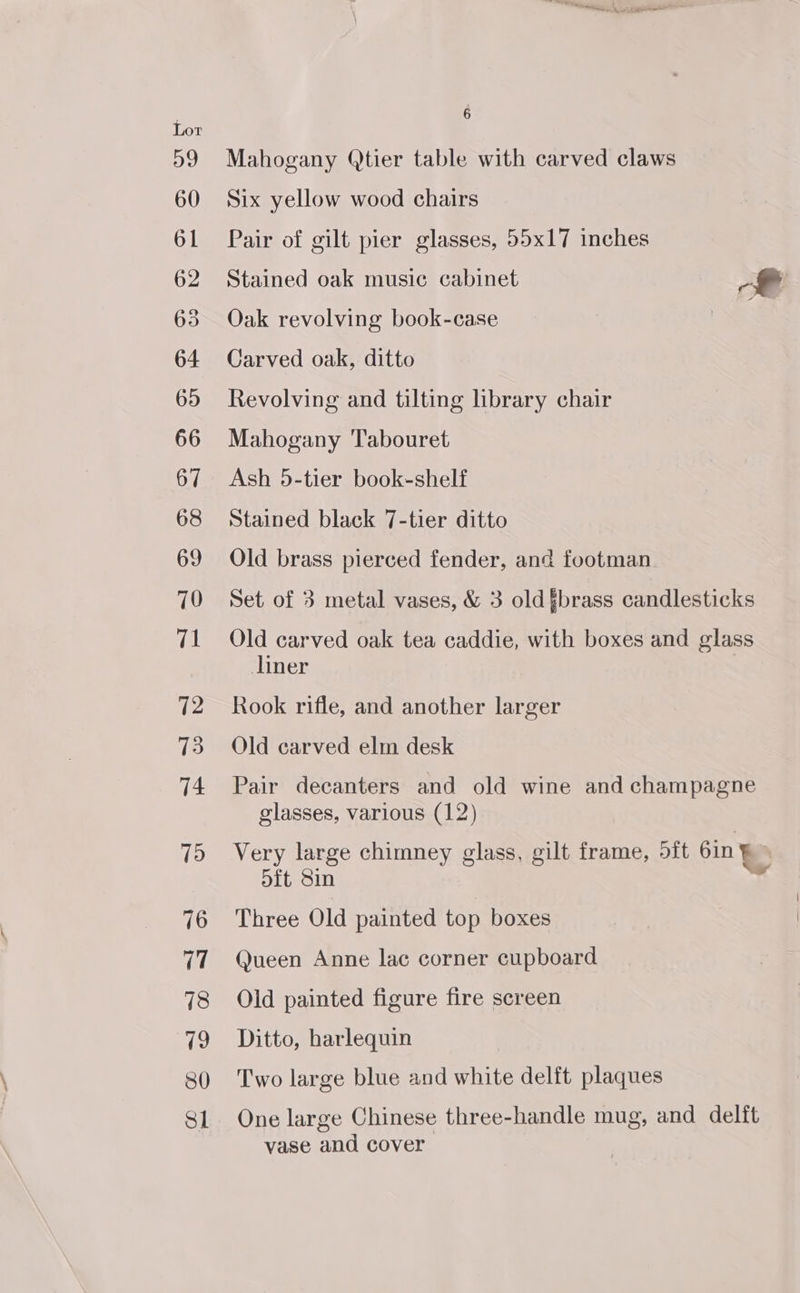 Mahogany Qtier table with carved claws Six yellow wood chairs Pair of gilt pier glasses, 55x17 inches Stained oak music cabinet PS Oak revolving book-case Carved oak, ditto Revolving and tilting library chair Mahogany Tabouret Ash 5-tier book-shelf Stained black 7-tier ditto Old brass pierced fender, and footman Set of 3 metal vases, &amp; 3 old §brass candlesticks Old carved oak tea caddie, with boxes and glass liner Rook rifle, and another larger Old carved elm desk Pair decanters and old wine and champagne glasses, various (12) Very large chimney glass, gilt frame, oft 6in ¥ . oft Sin Three Old painted top boxes Queen Anne lac corner cupboard Old painted figure fire screen Ditto, harlequin Two large blue and white delft plaques One large Chinese three-handle mug, and delft vase and cover