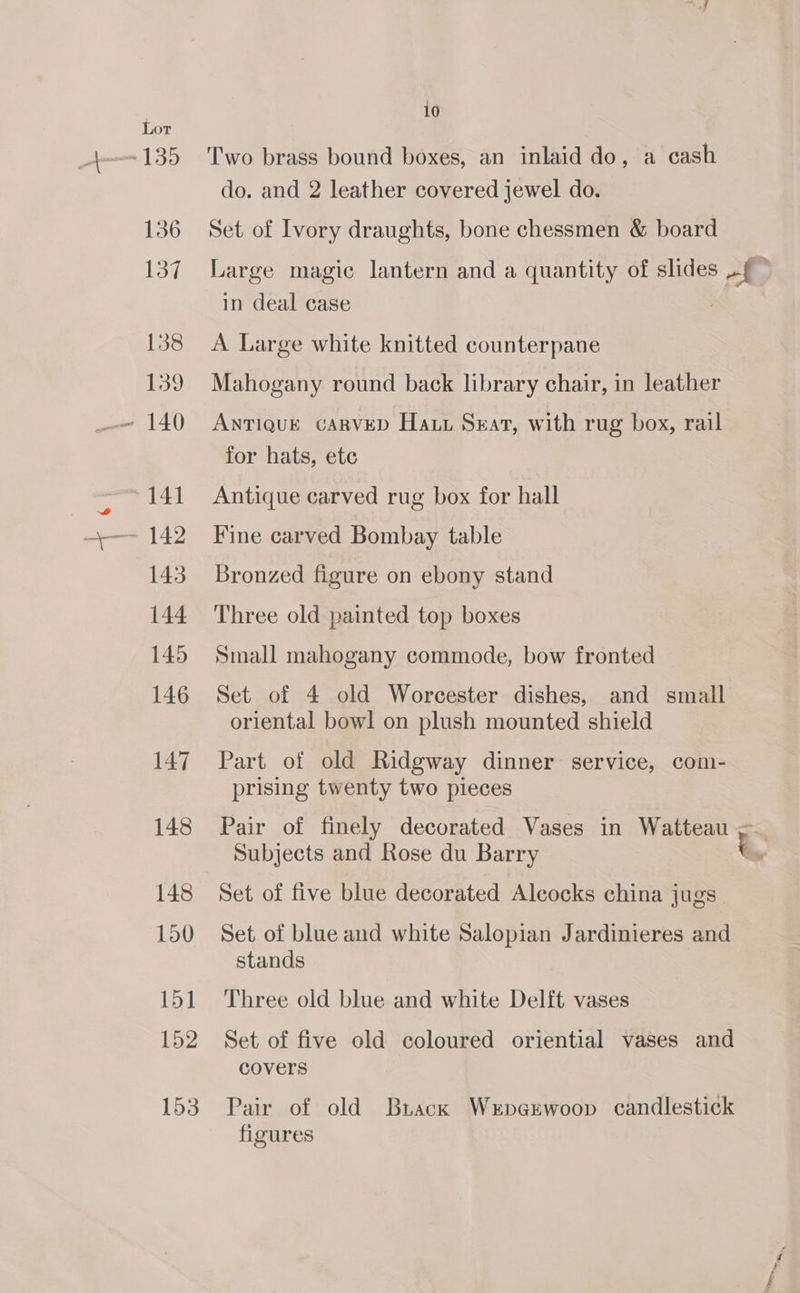¢ Two brass bound boxes, an inlaid do, a cash do. and 2 leather covered jewel do. Set of Ivory draughts, bone chessmen &amp; board Large magic lantern and a quantity of slides -{ in deal case A Large white knitted counterpane Mahogany round back library chair, in leather ANTIQUE CARVED Hatt Seat, with rug box, rail for hats, etc Antique carved rug box for hall Fine carved Bombay table Bronzed figure on ebony stand Three old painted top boxes Small mahogany commode, bow fronted Set of 4 old Worcester dishes, and small oriental bowl on plush mounted shield Part of old Ridgway dinner service, com- prising twenty two pieces Pair of finely decorated Vases in Watteau =. Subjects and Rose du Barry i Set of five blue decorated Alcocks china jugs. Set of blue and white Salopian Jardinieres and stands Three old blue and white Delft vases Set of five old coloured oriential vases and covers Pair of old Brack Wrpagewoop candlestick figures