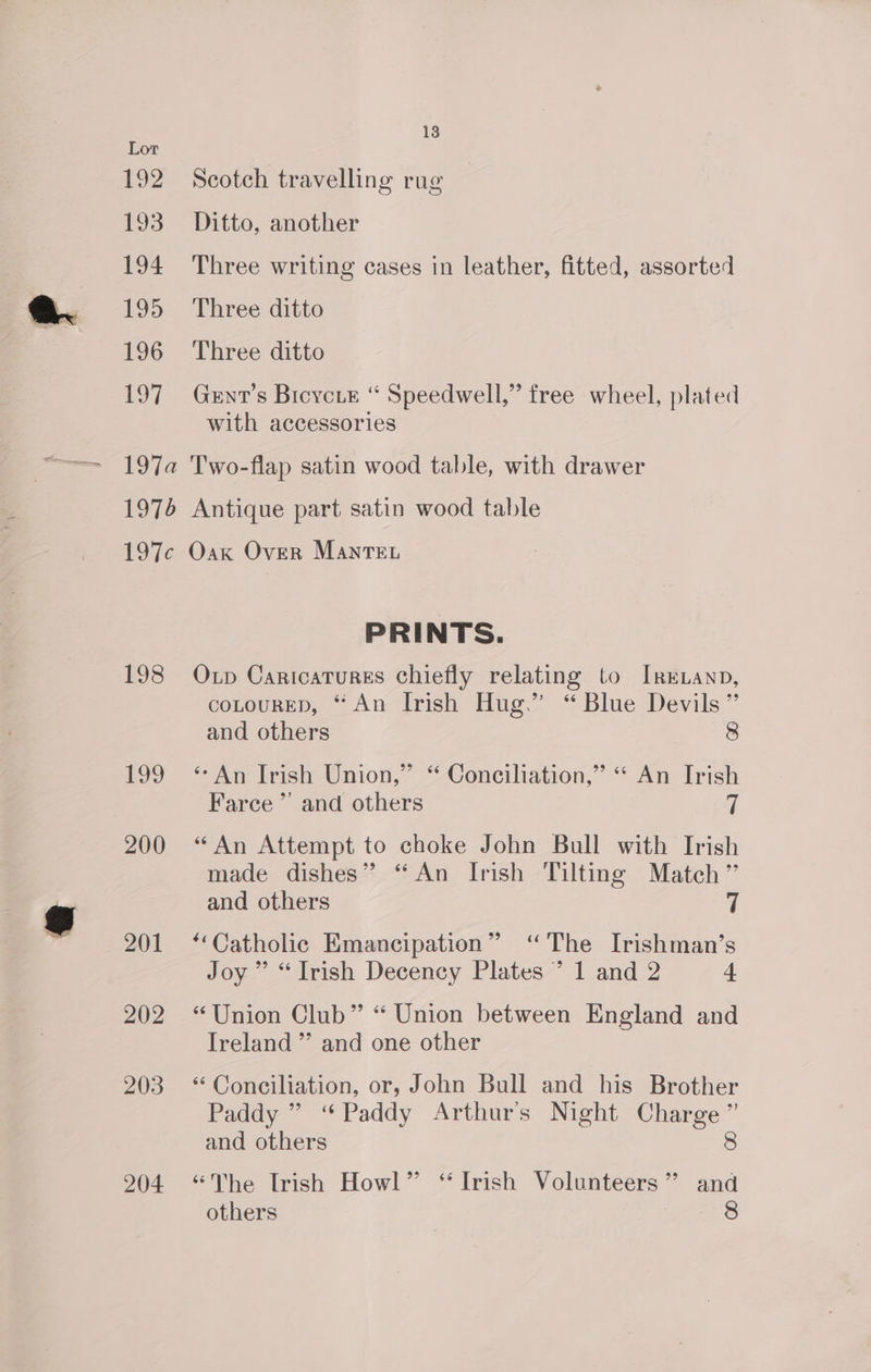 Scotch travelling rug Ditto, another Three writing cases in leather, fitted, assorted Three ditto Three ditto Gxrnt’s Bicycie “ Speedwell,” free wheel, plated with accessories 198 199 200 201 202 203 204 PRINTS. Op Caricatures chiefly relating to Iretanp, cotourep, “An Irish Hug.” “ Blue Devils” and others 8 ‘An Irish Union,” “ Conciliation,” “ An Irish Farce’ and others a “An Attempt to choke John Bull with Irish made dishes” “An Irish Tilting Match” and others 7 “Catholic Emancipation” ‘The Irishman’s Joy” “Irish Decency Plates ’ 1 and 2 4 “Union Club” “ Union between England and Ireland ” and one other ‘Conciliation, or, John Bull and his Brother Paddy ” “Paddy Arthur's Night Charge” and others 8 “The L[rish Howl” “Irish Volunteers” and others 8