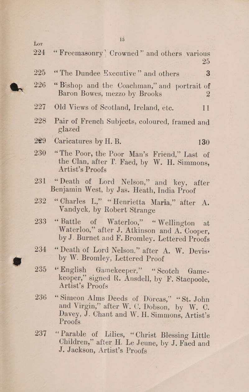 234 235 236 237 15 “Freemasonry: Crowned” and others various 25 “The Dundee Executive” and others 3 “Bishop and the Coachman,” and portrait of Baron Bowes, mezzo by Brooks 2 Old Views of Scotland, Ireland, ete. tt Pair of French Subjects, coloured, framed and clazed Caricatures by H. B. 130 “The Poor, the Poor Man’s Friend,” Last of the Clan, after T. Faed, by W. H. Simmons, Artist’s Proofs “Death of Lord Nelson,’ and key, after “Charles I.,” “Henrietta Maria,” after A. Vandyck, by Robert Strange battle. OF Waterloo,” “Wellington at Waterloo,” after J. Atkinson and A. Cooper, by J. Burnet and F. Bromley. Lettered Proofs * Death of Lord Nelson,” after A. W. Devis> by W. Bromley, Lettered Proof “English Gamekeeper,” “Scotch Game- keoper,” signed R. Ansdell, by F. Stacpoole, Artist’s Proofs “Simeon Alms Deeds of Dorcas,” “St. John and Virgin,” after W. C. Dobson, by W. C. Davey, J. Chant and W. H. Simmons, Artist’s Proofs. “Parable of Lilies, “Christ Blessing Little Children,” after H. Le Jeune, by J. Faed and J. Jackson, Artist’s Proofs