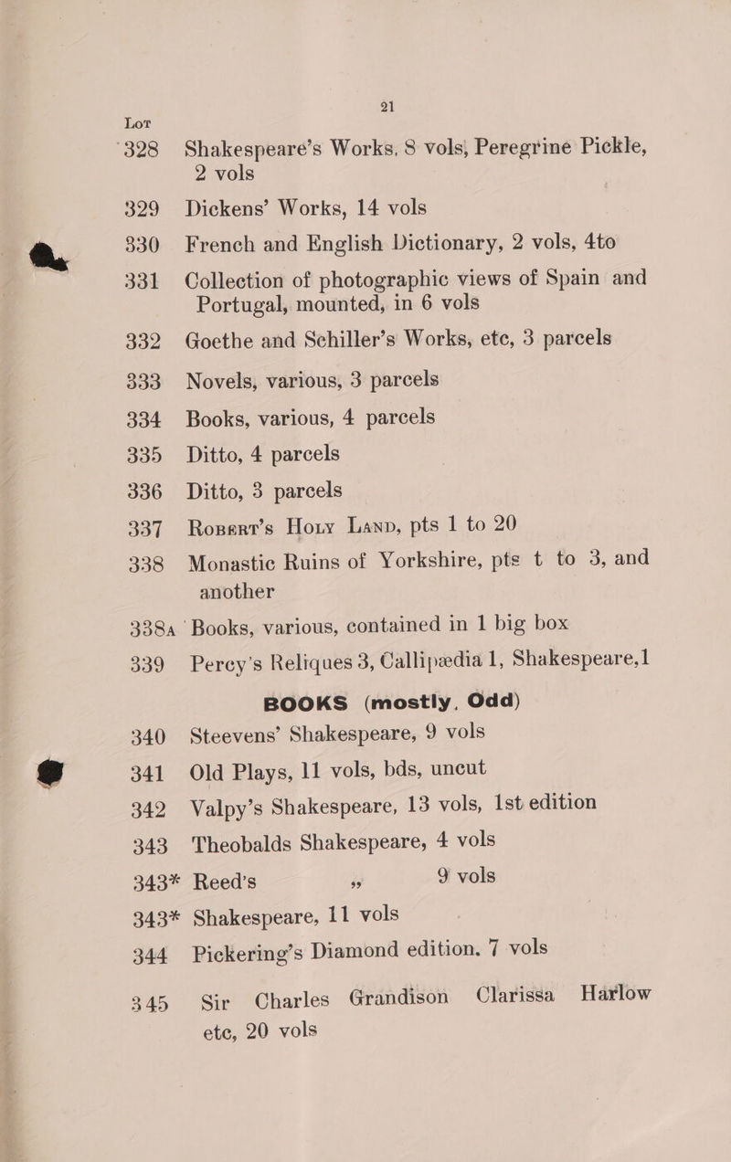 @ 2 vols 329 Dickens’ Works, 14 vols ) 830 French and English Dictionary, 2 vols, 4to 331 Collection of photographic views of Spain and Portugal, mounted, in 6 vols 332 Goethe and Schiller’s Works, etc, 3 parcels 333 Novels, various, 3 parcels 334 Books, various, 4 parcels 335 Ditto, 4 parcels 336 Ditto, 3 parcels 337 Rosert’s Hony Lan, pts 1 to 20 338 Monastic Ruins of Yorkshire, pts t to 3, and another 338, Books, various, contained in 1 big box 339 Percy’s Reliques 3, Callipaedia 1, Shakespeare,1 BOOKS (mostly, Odd) 340 Steevens’ Shakespeare, 9 vols 341 Old Plays, 11 vols, bds, uncut 342 Valpy’s Shakespeare, 13 vols, 1st edition 343 Theobalds Shakespeare, 4 vols 343* Reed’s és 9 vols 343* Shakespeare, 11 vols 344 Pickering’s Diamond edition. 7 vols 345 Sir Charles Grandison Clarissa Harlow etc, 20 vols