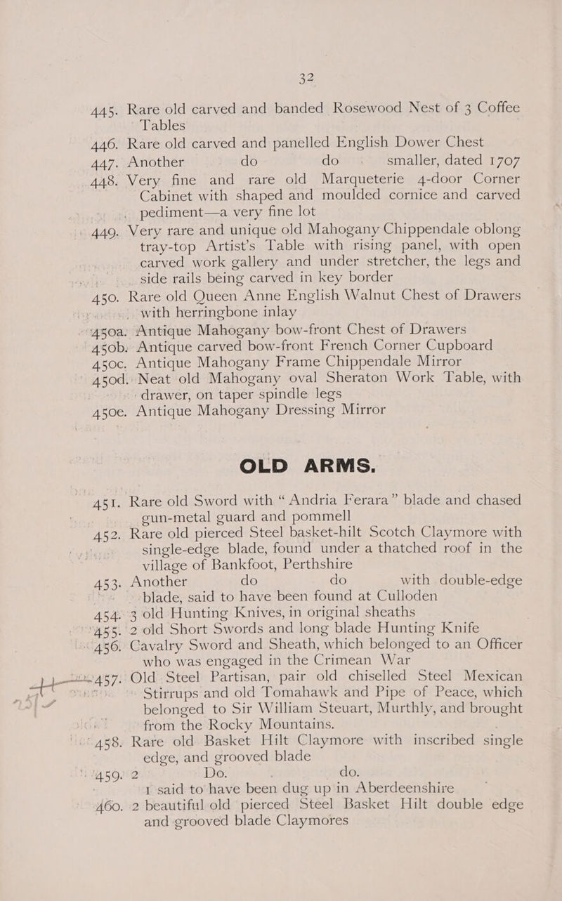 22 j- Rare old carved and banded Rosewood Nest of 3 Coffee Tables | Rare old carved and panelled English Dower Chest Another do do :° smaller, dated 1707 Very fine and rare old Marqueterie 4-door Corner Cabinet with shaped and moulded cornice and carved pediment—a very fine lot Very rare and unique old Mahogany Chippendale oblong tray-top Artist's Table with rising panel, with open carved work gallery and under stretcher, the legs and _side rails being carved in key border Rare old Queen Anne English Walnut Chest of Drawers _ with herringbone inlay Antique Mahogany bow-front Chest of Drawers Antique carved bow-front French Corner Cupboard Antique Mahogany Frame Chippendale Mirror Neat old Mahogany oval Sheraton Work Table, with drawer, on taper spindle legs Antique Mahogany Dressing Mirror OLD ARMS. cun-metal guard and pommell single-edge blade, found under a thatched roof in the village Of Baninoe Perthshire who was engaged in the Crimean War belonged to Sir William Steuart, Murthly, and brought from the Rocky Mountains. edge, and grooved blade 1 said to have been dug up in Aberdeenshire and grooved blade Claymores