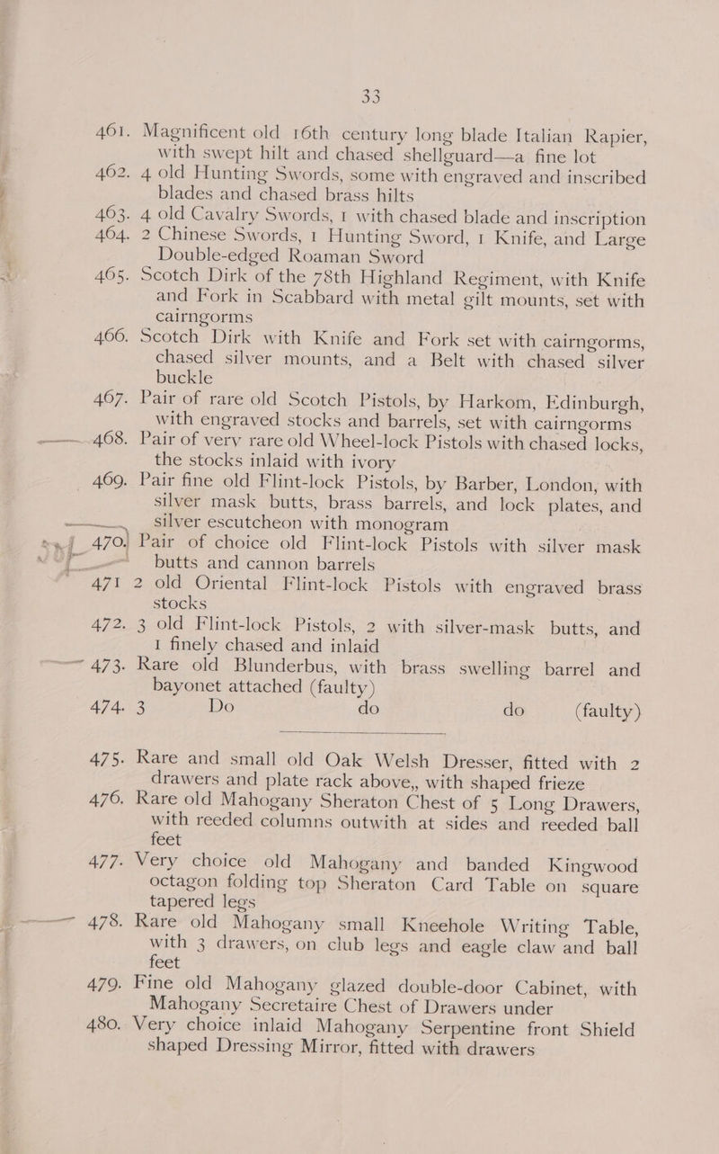 479. 480. 92 DO Magnificent old 16th century long blade Italian Rapier, with swept hilt and chased shellguard—a fine lot blades and chased brass hilts Double-edged Roaman Sword and Fork in Scabbard with metal gilt mounts, set with cairngorms chased silver mounts, and a Belt with chased silver buckle with engraved stocks and barrels, set with cairngorms the stocks inlaid with ivory silver mask butts, brass barrels, and lock plates, and silver escutcheon with monogram butts and cannon barrels 2 old Oriental Flint-lock Pistols with engraved brass stocks I finely chased and inlaid bayonet attached (faulty) Do do do (faulty) drawers and plate rack above,, with shaped frieze with reeded columns outwith at sides and reeded ball feet octagon folding top Sheraton Card Table on square tapered legs with 3 drawers, on club legs and eagle claw and ball feet ; Fine old Mahogany glazed double-door Cabinet, with Mahogany Secretaire Chest of Drawers under Very choice inlaid Mahogany Serpentine front Shield shaped Dressing Mirror, fitted with drawers