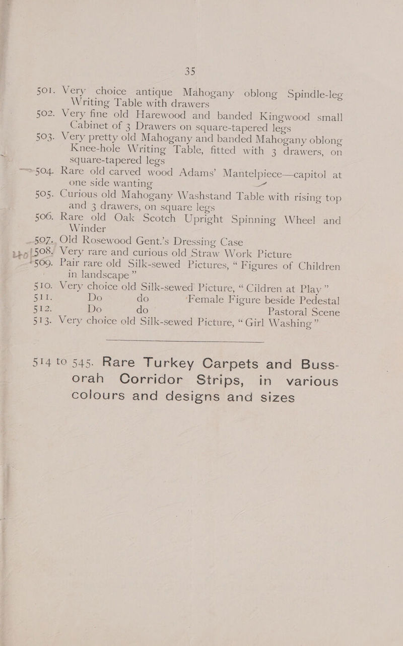 Writing Table with drawers Cabinet of 3 Drawers on square-tapered legs Knee-hole Writing Table, fitted with 3 drawers, on square-tapered legs one side wanting and 3 drawers, on square legs Winder in landscape” Very choice old Silk-sewed Picture, “ Cildren at Play ” Do do ‘Female Figure beside Pedestal Do do Pastoral Scene Very choice old Silk-sewed Picture, “ Girl Washing ” Orah Corridor Strips, in various colours and designs and sizes