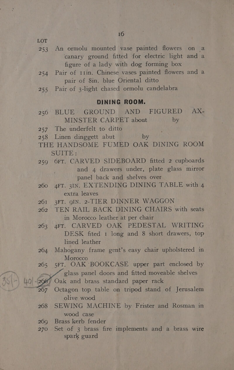253 254 255 250 257 258 16 An ormolu mounted vase painted flowers on a canary ground fitted for electric light and a figure of a lady with dog forming box Pair of 11in. Chinese vases painted flowers and a pair of 8in. blue Oriental ditto Pair of 3-light chased ormolu candelabra DINING ROOM. BLUES (GROUND. BAND FIGURED © AMS MINSTER CARPET about by The underfelt to ditto Linen dinggett abut by 250 260 201 262 263 204 205 a 267 208 269 270 6FT. CARVED SIDEBOARD fitted 2 cupboards and 4 drawers under, plate glass mirror panel back and shelves over 4FT. 3IN. EXTENDING DINING TABLE with 4 extra leaves 3FT. gIN. 2-TIER DINNER WAGGON TEN RAIL BACK DINING CHAIRS with seats in Morocco leather at per chair AFT. CARVED OAK PEDESTAL WRITING DESK fited 1 long and 8 short drawers, top lined leather Mahogany frame gent’s easy chair upholstered in Morocco 5FT. OAK ‘BOOKCASE upper part enclosed by glass panel doors and fitted moveable shelves Oak and brass standard paper rack Octagon top table on tripod stand of Jerusalem olive wood | SEWING MACHINE by Frister and Rosman in wood case Brass kerb fender Set of 3 brass fire implements and a brass wire spark guard