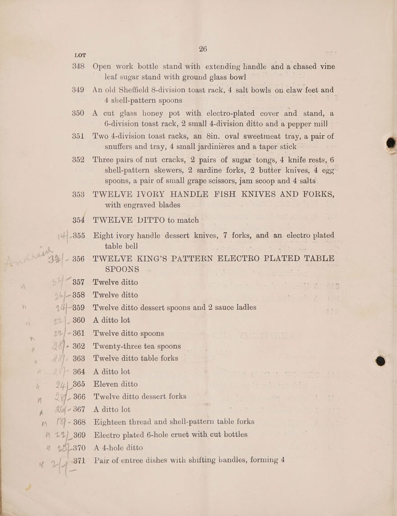 Open work bottle stand with extending handle and a chased vine leaf sugar stand with ground glass bowl | An old Sheffield 8-division toast rack, 4 salt bowls on claw feet and 4 shell-pattern spoons es A cut glass honey pot with electro-plated cover and stand, a 6-division toast rack, 2 small 4-division ditto and a pepper mill Two 4-division toast racks, an 81n. oval sweetmeat tray, a pair of snuffers and tray, 4 small jardinieres and a taper stick - 7) Three pairs of nut cracks, 2 pairs of sugar tongs, 4 knife rests, 6 shell-pattern skewers, 2 sardine forks, 2 butter knives, 4 eye spoons, a pair of small grape scissors, jam scoop and 4 salts” TWELVE IVORY HANDLE FISH KNIVES AND FORKS, with engraved blades TWELVE DITTO to match Hight ivory handle dessert knives, 7 forks, and an electro plated table bell TWELVE KING’S PATTERN HLECTRO PLATED TABLE SPOONS Twelve ditto Twelve ditto Twelve ditto dessert spoons and 2 sauce ladles A ditto lot ‘Twelve ditto spoons T'wenty-three tea spoons — Twelve ditto table forks @ A ditto lot Eleven ditto Twelve ditto dessert forks A ditto lot Highteen thread and shell-pattern table forks Electro plated 6-hole cruet with cut bottles A 4-hole ditto Pair of entree dishes with shifting handles, forming 4
