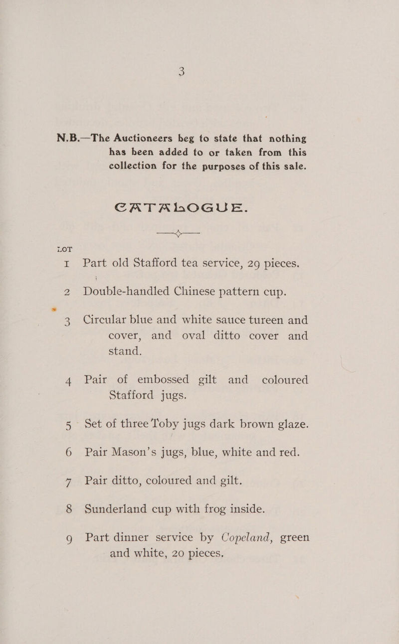 has been added to or taken from this collection for the purposes of this sale. CATALOGUE. eee, Aare Part old Stafford tea service, 29 pieces. Powthckandted Chinese pattern cup. Circular blue and white sauce tureen and cover, and oval ditto cover and stand. Pair of embossed gilt and coloured Stafford jugs. Pair Mason’s jugs, blue, white and red. Pair ditto, coloured and gilt. Sunderland cup with frog inside. Part dinner service by Copeland, green and white, 20 pieces.
