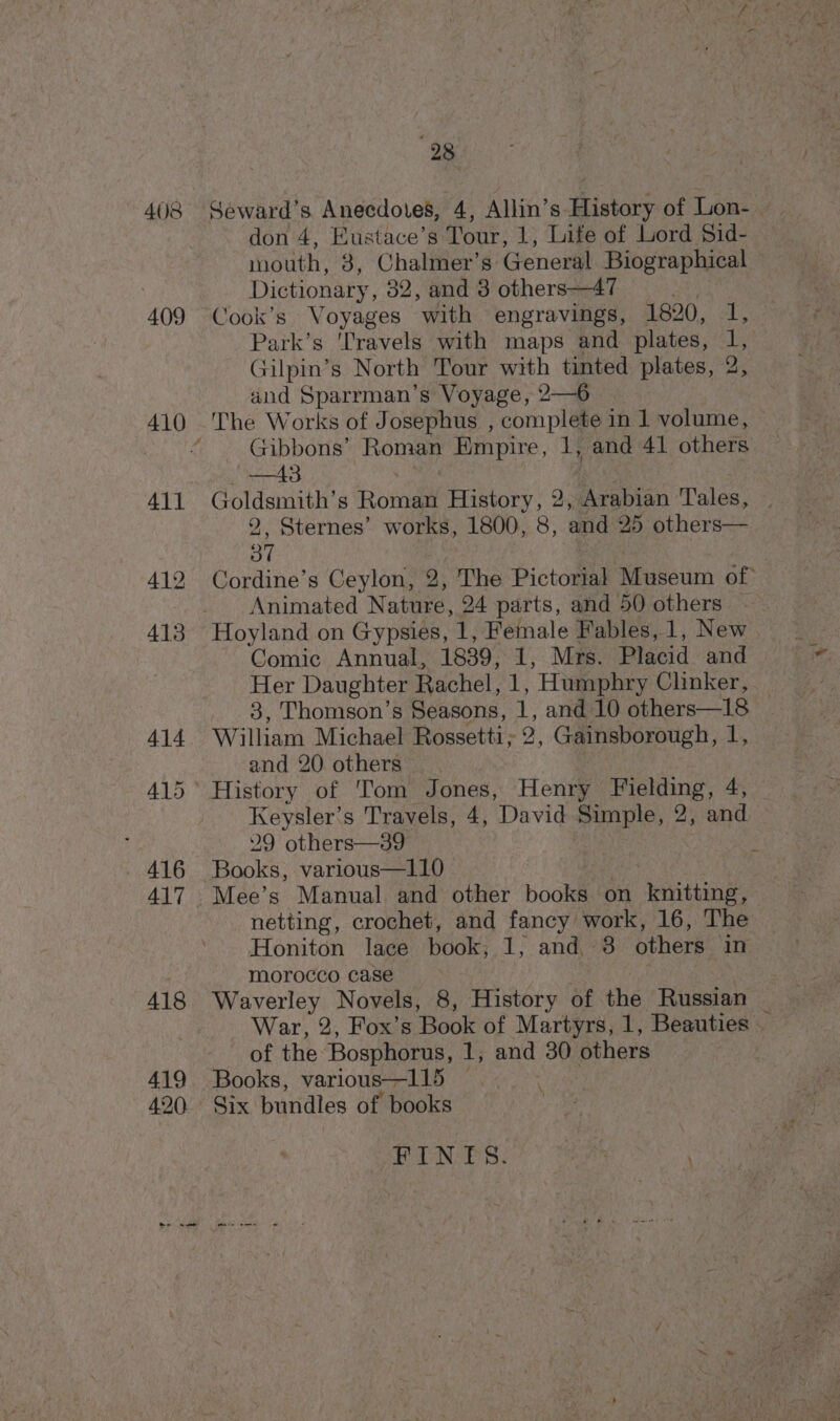 408 Seward’s Anecdotes, 4, Allin’s History of Lon- don 4, Eustace’s Tour, 1, Life of Lord Sid- mouth, 3, Chalmer’s General Biographical ) Dictionary, 32, and 3 others—47 409 Cook’s Voyages with engravings, 1820, I Park’s ‘Travels with maps and plates, 1, Gilpin’s North Tour with tinted plates, 2 and Sparrman’s Voyage, 2—6 410 The Works of Josephus , complete in 1 volume, “ Gibbons’ Roman Empire, 1, and 41 others —43 411 Goldsmith’ S Rowen History, 2, Bean Tales, ~ , Sternes’ works, 1800, 8, end 20: abhersze 3h 412 Cordine’s Ceylon, 2, The Pictorial Museum of Animated Nature, 24 parts, and 50 others 413 Hoyland on Gypsies, 1, Female Fables, 1, New Comic Annual, 1839, 1, Mrs. Placid and Her Daughter Rachel, iL; “Humphry Clinker, 3, Thomson’s Seasons, L, and 10 others—18 414 William Michael Rossetti; 2, Gainsborough, 1, and 20 others 415° History of Tom Jones, Henry Fielding, 4, Keysler’s Travels, 4, David Simple, 2, and 29 others—39 416 Books, various—110 417 Mee’s Manual and other poole on knitting, netting, crochet, and fancy work, 16, The Honiton lace book, 1, and, 38 others in morocco case 418 Waverley Novels, 8, History of the Russian War, 2, Fox’ s Book of Martyrs, 1, Beauties — of the Bosphorus, 1, and 30 others 419 Books, various—115 — | 420. Six bundles of books FINTS. i es Ate e weet -