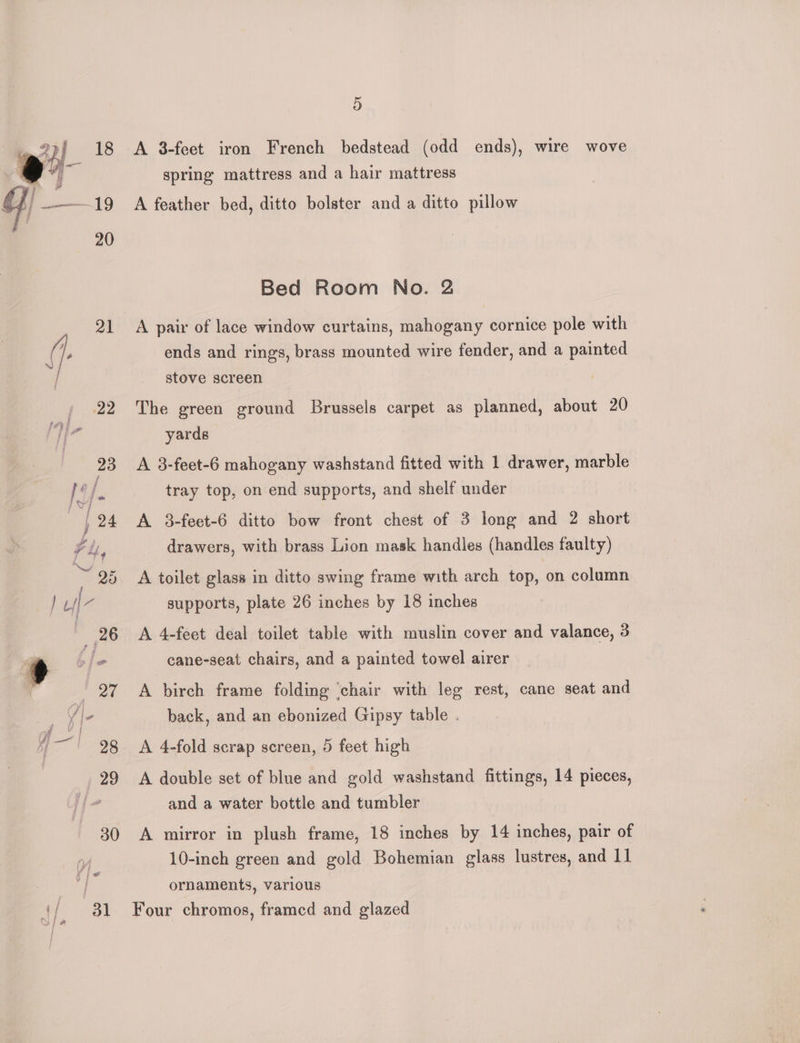 spring mattress and a hair mattress Bed Room No. 2 21 A pair of lace window curtains, mahogany cornice pole with ends and rings, brass mounted wire fender, and a painted stove screen 22 The green ground Brussels carpet as planned, about 20 yards 23 A 38-feet-6 mahogany washstand fitted with 1 drawer, marble tray top, on end supports, and shelf under drawers, with brass Lion mask handles (handles faulty) 25 A toilet glass in ditto swing frame with arch top, on column supports, plate 26 inches by 18 inches 27 A birch frame folding ‘chair with leg rest, cane seat and 28 <A 4-fold scrap screen, 5 feet high and a water bottle and tumbler 30 A mirror in plush frame, 18 inches by 14 inches, pair of 10-inch green and gold Bohemian glass lustres, and 11 q N/a ornaments, various 31 Four chromos, framed and glazed