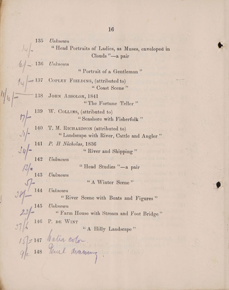 135 136 betes 137 145 he ife wal sf [, 146 | A> 16 Onknown ¢ , “ Head Portraits of Ladies, as Muses, enveloped in : Clouds ”—a pair Unknown “ Portrait of a Gentleman ”’ Copley FIELDING, (attributed to) ‘“¢ Coast Scene ”’ Joun ABSOLON, 1841 “The Fortune Teller ”’ W. COoLuins, (attributed to) ‘Seashore with Fisherfolk ”’ IT’. M. Rictarpson (attributed to) “Landscape with River, Cattle and Angler ” P. H Nicholas, 1836 “ River and Shipping ”’ Onknown “Head Studies ”’—a pair Unknown | ‘A Winter Scene ” ¢ Onknown ‘River Scene with Boats and Figures ”’ Unknown ‘* Farm House with Stream and Foot Bridge” P. pe WINT ‘A Hilly Landseape ”’ 2 4 ; j if (2. Abtanwe { é