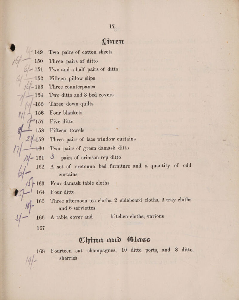 /o/—- 150 | bf 151 —152 (6/153 fe 154 (yj A55 1)/ L 156 re A 158 Z4J Ay. -159 | +60 Vp 161 162 im e | Hips i Y— 166 167 1 Hires Two pairs of cotton sheets Three pairs of ditto Two and a half pairs of ditto Fifteen pillow slips ‘Three counterpanes Two ditto and 3 bed covers Three down quilts | Four blankets Five ditto Fifteen towels ‘ Three pairs of lace window curtains Two pairs of green damask ditto .) pairs of crimson rep ditto A set of cretonne bed furniture and a quantity of odd curtains Four damask table cloths Four ditto Three afternvon tea cloths, 2 sideboard cloths, 2 tray cloths and 6 serviettes A table cover and kitchen cloths, various China and Glass Fourteen cut champagnes, 10 ditto ports, and 8 ditto sherries
