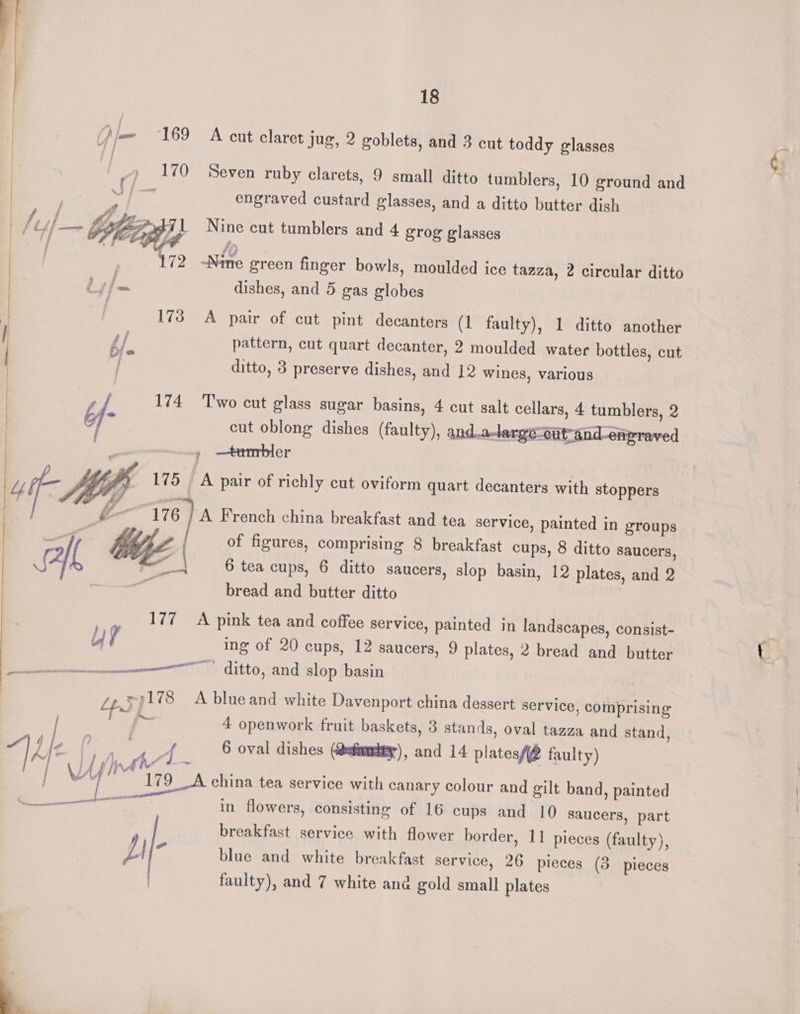 (\je 169 A cut claret jug, 2 goblets, and 3 cut toddy glasses » 170 Seven ruby clarets, 9 small ditto tumblers, 10 ground and engraved custard glasses, and a ditto butter dish Nine cut tumblers and 4 grog glasses Nine green finger bowls, moulded ice tazza, 2 circular ditto is /— dishes, and 5 gas globes 173 A pair of cut pint decanters (1 faulty), 1 ditto another £/ pattern, cut quart decanter, 2 moulded water bottles, cut ditto, 3 preserve dishes, and 12 wines, various f f. 174 Two cut glass sugar basins, 4 cut salt cellars, 4 tumblers, 2 x cut oblong dishes (faulty), and.a-ler é-outand-engraved —tumbler 175 A pair of richly cut oviform quart decanters with stoppers f- 6) A French china breakfast and tea service, painted in groups LUE. | of figures, comprising 8 breakfast cups, 8 ditto saucers, as | 6 tea cups, 6 ditto saucers, slop basin, 12 plates, and 2 bread and butter ditto 177 A pink tea and coffee service, painted in landscapes, consist- Uy ing of 20 cups, 12 saucers, 9 plates, 2 bread and butter —ncecnameeen ditto, and slop basin ~»178 <A blueand white Davenport china dessert service, comprising san S 4 openwork fruit baskets, 3 stands, oval tazza and stand, ferenS A A 6 oval dishes (@=fambey), and 14 platesf/@ faulty) } Yr Tg china tea service with canary colour and gilt band, painted a in flowers, consisting of 16 cups and 10 saucers, part é breakfast service with flower border, 11 pieces (faulty), Ly “ blue and white breakfast service, 26 pieces (3 pieces faulty), and 7 white ana gold small plates