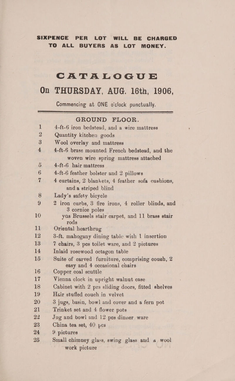 CATALOGUE Commencing at ONE o'clock punctually. 23 GROUND FLOOR. 4-ft-6 iron bedstead, and a wire mattress Quantity kitchen goods Wool overlay and mattress 4-ft-6 brase mounted French bedstead, and the woven wire spring mattress attached 4-ft-6 hair mattress 4-ft-6 feather bolster and 2 pillows 4 curtains, 2 blankets, 4 feather sofa cushions, anda striped blind Lady’s safety bicycle 2 iron curbs, 3 fire irons, 4 roller blinds, and 3 cornice poles yas Brussels stair carpet, and 11 brass stair rods Oriental hearthrug 3-ft, mahogany dining table with 1 insertion 7 chairs, 3 pes toilet ware, and 2 pictures Inlaid rosewood octagon table Suite of carved furniture, comprising coueh, 2 easy and 4 occasional chairs Copper coal scuttle Vienna clock in upright walnut case Cabinet with 2 prs sliding doors, fitted shelves Hair stuffed couch in velvet 3 jugs, basin, bowl and cover and a fern pot Trinket set and 4 flower pots Jug and bowl and 12 pes dinner ware China tea set, 40 pes 9 pictures Small chimney glass, swing glass and a wool work picture sail i ee 2