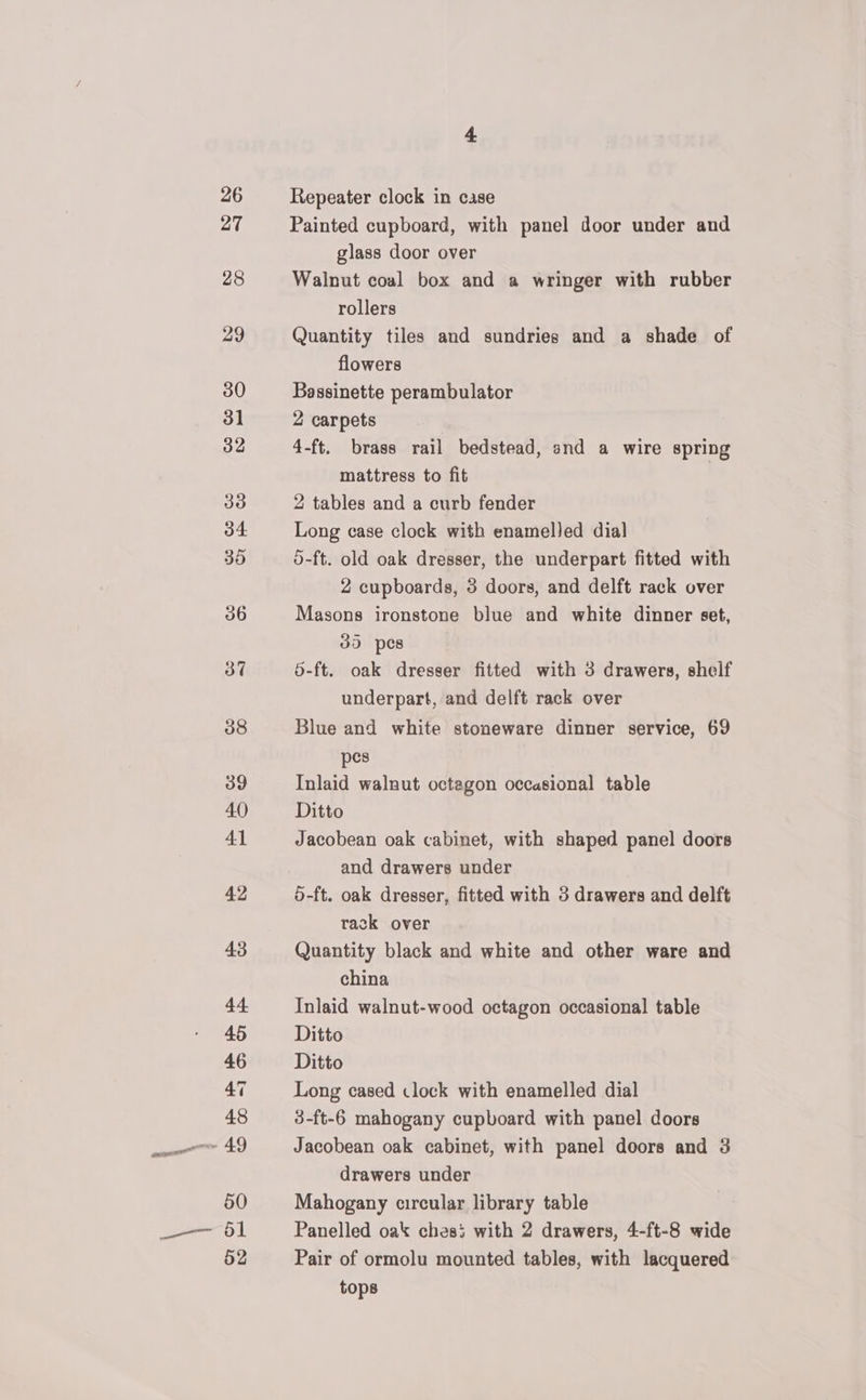26 27 28 29 30 3] 32 33 34 35 36 37 38 39 40 41 42 43 44 45 46 47 48 50 51 52 4 Repeater clock in case Painted cupboard, with panel door under and glass door over Walnut coal box and a wringer with rubber rollers Quantity tiles and sundries and a shade of flowers Bassinette perambulator 2 carpets 4-ft. brass rail bedstead, and a wire spring mattress to fit | 2 tables and a curb fender Long case clock with enamelled dial o-ft. old oak dresser, the underpart fitted with 2 cupboards, 3 doors, and delft rack over Masons ironstone blue and white dinner set, 3d pes 5-ft. oak dresser fitted with 3 drawers, shelf underpart, and delft rack over Blue and white stoneware dinner service, 69 pes Inlaid walnut octagon occasional table Ditto Jacobean oak cabinet, with shaped panel doors and drawers under 5-ft. oak dresser, fitted with 3 drawers and delft tack over Quantity black and white and other ware and china Inlaid walnut-wood octagon occasional table Ditto Ditto Long cased clock with enamelled dial 3-ft-6 mahogany cupboard with panel doors Jacobean oak cabinet, with panel doors and 3 drawers under Mahogany circular library table Panelled oak ches; with 2 drawers, 4-ft-8 wide Pair of ormolu mounted tables, with lacquered tops
