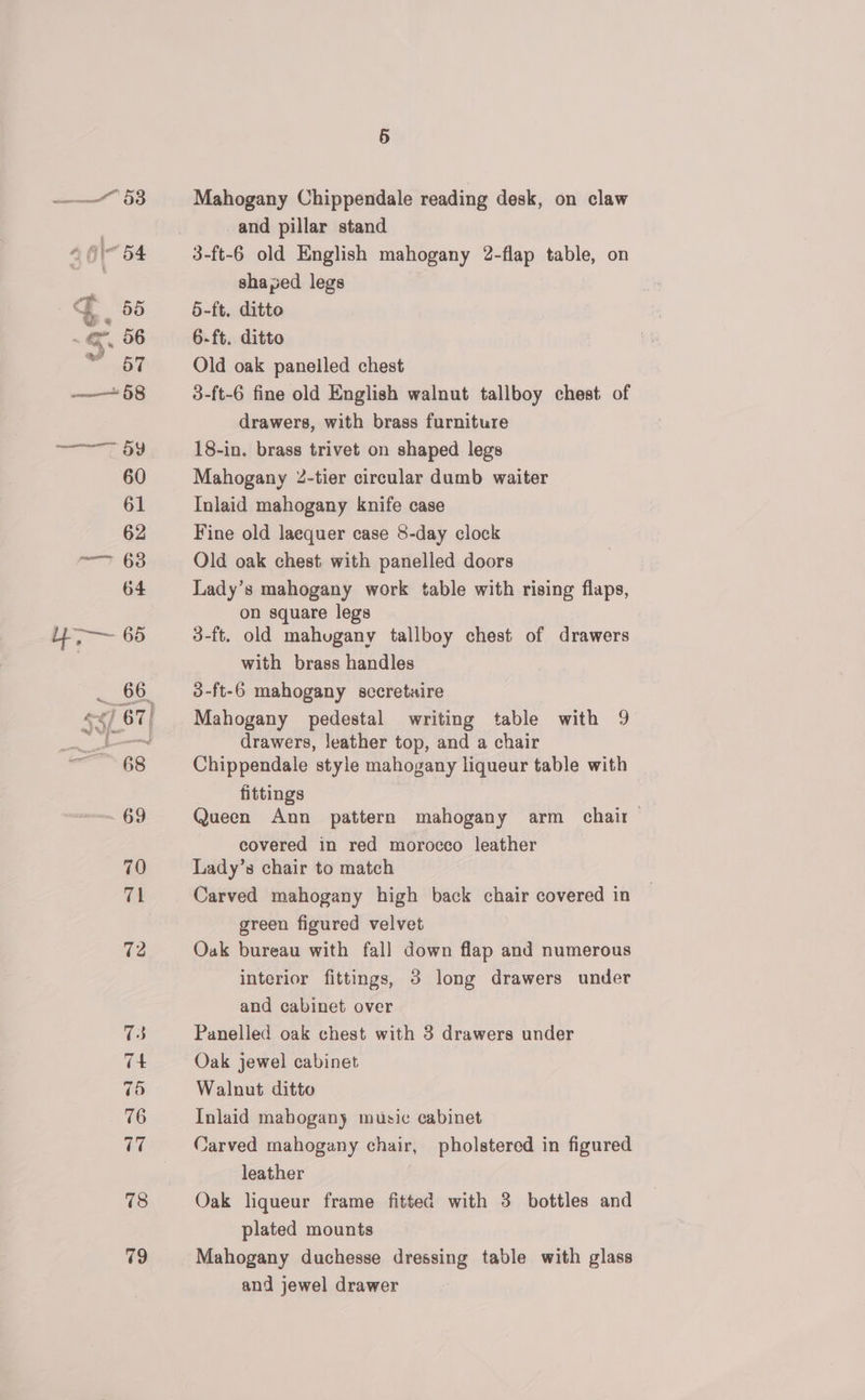i 53 75 Mahogany Chippendale reading desk, on claw and pillar stand 3-ft-6 old English mahogany 2-flap table, on shaped legs 5-ft. ditto 6-ft. ditto Old oak panelled chest 3-ft-6 fine old English walnut tallboy chest of drawers, with brass furniture 18-in. brass trivet on shaped legs Mahogany 2-tier circular dumb waiter Inlaid mahogany knife case Fine old laequer case 8-day clock Old oak chest with panelled doors Lady’s mahogany work table with rising flaps, on square legs 3-ft. old mahugany tallboy chest of drawers with brass handles 3-ft-6 mahogany secretaire Mahogany pedestal writing table with 9 drawers, leather top, and a chair Chippendale style mahogany liqueur table with fittings Queen Ann pattern mahogany arm chair covered in red morocco leather Lady’s chair to match Carved mahogany high back chair covered in green figured velvet Oak bureau with fall down flap and numerous interior fittings, 8 long drawers under and cabinet over Panelled oak chest with 3 drawers under Oak jewel cabinet Walnut ditto Inlaid mahogany music cabinet Carved mahogany chair, pholstered in figured leather Oak liqueur frame fitted with 3 bottles and plated mounts Mahogany duchesse dressing table with glass and jewel drawer