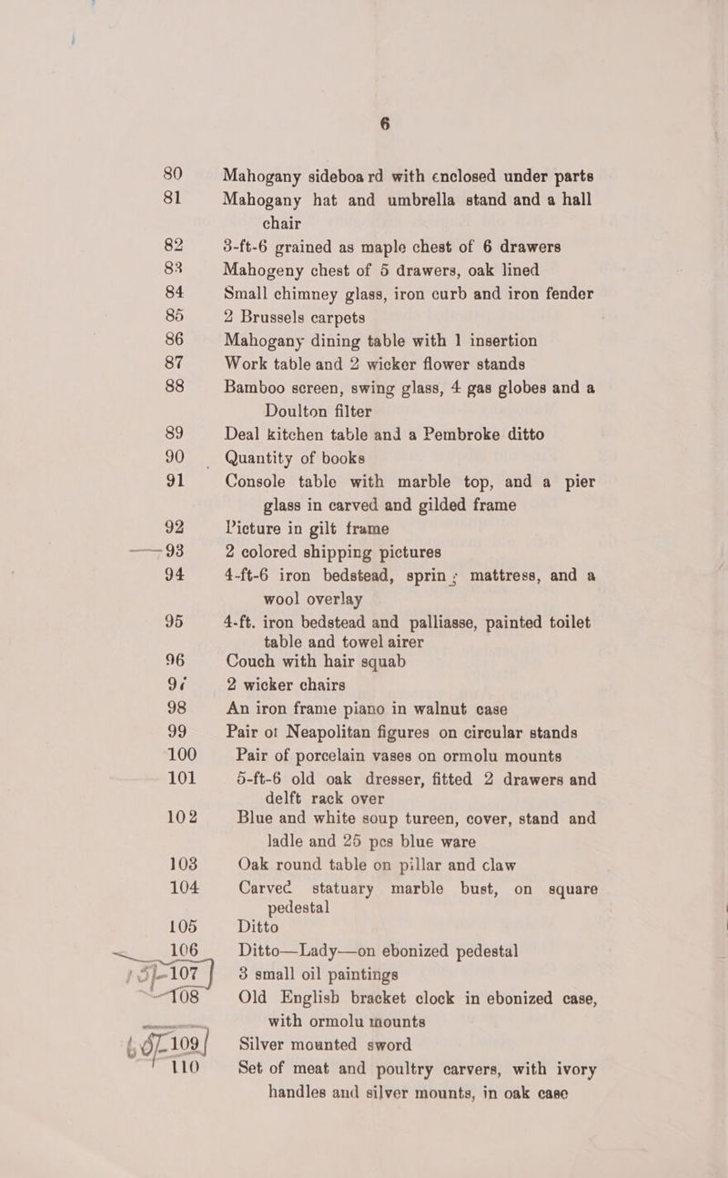 80 85 Mahogany sideboard with enclosed under parts Mahogany hat and umbrella stand and a hall chair 3-ft-6 grained as maple chest of 6 drawers Mahogeny chest of 5 drawers, oak lined Small chimney glass, iron curb and iron fender 2 Brussels carpets Mahogany dining table with 1 insertion Work table and 2 wicker flower stands Bamboo screen, swing glass, 4 gas globes and a Doulton filter Deal kitchen table and a Pembroke ditto Quantity of books Console table with marble top, and a pier glass in carved and gilded frame Picture in gilt frame 2 colored shipping pictures 4-ft-6 iron bedstead, sprin; mattress, and a wool overlay 4-ft. iron bedstead and palliasse, painted toilet table and towel airer Couch with hair squab 2 wicker chairs An iron frame piano in walnut case Pair ot Neapolitan figures on circular stands Pair of porcelain vases on ormolu mounts O-ft-6 old oak dresser, fitted 2 drawers and delft rack over Blue and white soup tureen, cover, stand and ladle and 25 pes blue ware Oak round table on pillar and claw Carvec statuary marble bust, on square pedestal Ditto Ditto—Lady—on ebonized pedestal 3 small oil paintings Old English bracket clock in ebonized case, with ormolu tounts Silver mounted sword Set of meat and poultry carvers, with ivory handles and silver mounts, in oak case