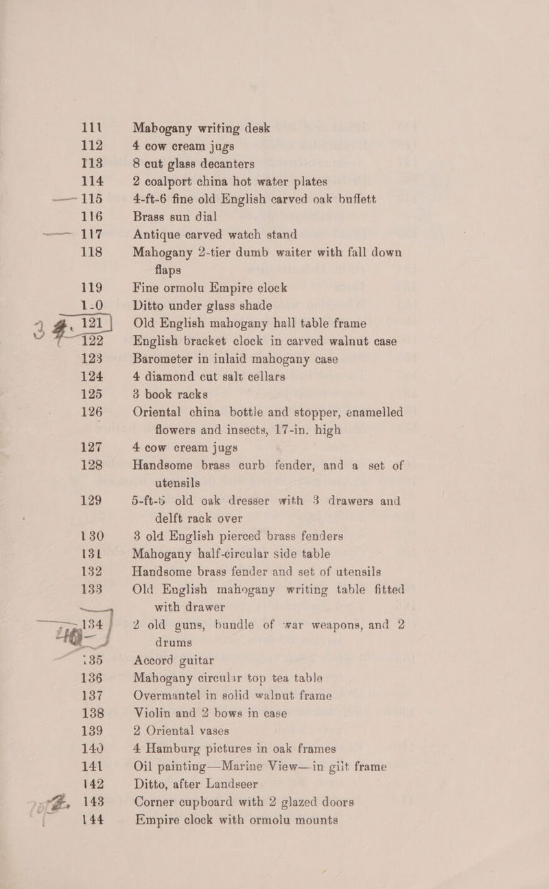 Mabkogany writing desk 4 cow cream jugs 8 cut glass decanters 2 coalport china hot water plates 4-ft-6 fine old English carved oak buffett Brass sun dial Antique carved watch stand Mahogany 2-tier dumb waiter with fall down flaps Fine ormolu Empire clock Ditto under glass shade Old English mahogany hall table frame English bracket clock in carved walnut case Barometer in inlaid mahogany case 4 diamond cut salt cellars 3 book racks Oriental china bottle and stopper, enamelled flowers and insects, 17-in. high 4 cow cream jugs Handsome brass curb fender, and a set of utensils delft rack over 3 old English pierced brass fenders Mahogany half-circular side table Handsome brass fender and set of utensils Old English mahogany writing table fitted with drawer 2 old guns, bundle of war weapons, and 2 drums Accord guitar Mahogany circular top tea table Overmantel in solid walnut frame Violin and 2 bows in case 2 Oriental vases 4 Hamburg pictures in oak frames Oil painting—Marine View—in giit frame Ditto, after Landseer . Corner cupboard with 2 glazed doors Empire clock with ormolu mounts