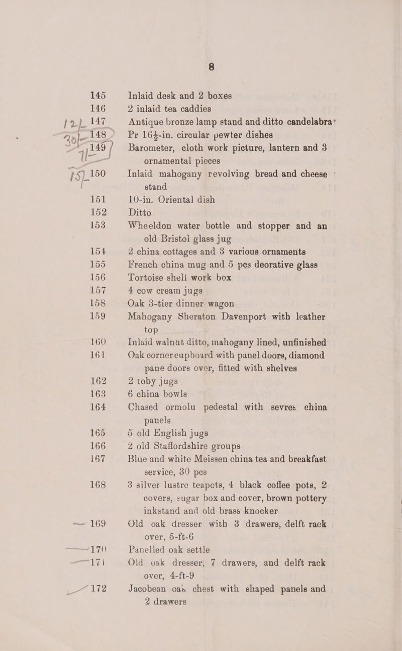 Inlaid desk and 2 boxes 2 inlaid tea caddies Antique bronze lamp stand and ditto candelabra’ Pr 164-in. circular pewter dishes Barometer, cloth work picture, lantern and 3 ornamental pieces Inlaid mahogany revolving bread and cheese | stand 10-in, Oriental] dish Ditto Wheeldon water bottle and stopper and an old Bristol glass jug 2 china cottages and 3 various ornaments French china mug and 5 pes deorative glass Tortoise shell work box 4 cow cream jugs - Oak 3-tier dinner wagon Mahogany Sheraton Davenport with leather top Inlaid walnut ditto, mahogany lined, unfinished Oak cornercupboard with panel doors, diamond pane doors over, fitted with shelves 2 toby jugs 6 china bowls Chased ormolu pedestal with sevres china panels 5 old English jugs Blue and white Meissen china tea and breakfast service, 30 pes 3 silver lustre teapcts, 4 black coffee pots, 2 covers, sugar box and cover, brown pottery inkstand and old brass knocker Old oak dresser with 38 drawers, delft rack . over, 0-ft-6 Panelled oak settle Old oak dresser, 7 drawers, and delft rack over, 4-ft-9 Jacobean oan chest with shaped panels and 2 drawers
