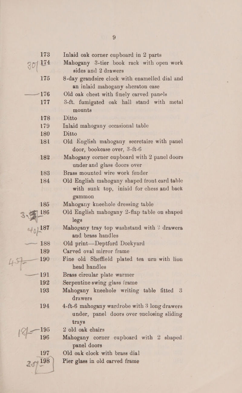 Mahogany 3-tier book rack with open work sides and 2 drawers 8-day grandsire clock with enamelled dial and an inlaid mahogany sheraton case Old oak chest with finely carved panels 3-ft. fumigated oak hall stand with metal mounts Ditto Inlaid mahogany occasional table Ditto Old English mahogany secretaire with panel door, bookease over, 3-ft-6 Mahogany corner cupboard with 2 panel doors under and glass doors over Brass mounted wire work fender Old English mahogany shaped front card table with sunk top, iniaid for chess and back gammon Mahogany kneehole dressing table Old English mahogany 2-flap table on shaped legs Mahogany tray top washstand with 2 drawera and brass handles Old print—Deptford Dockyard Carved oval mirror frame Fine old Sheffield plated tea urn with lion head handles Brass circular plate warmer Serpentine swing glass frame Mahogany kneehole writing table fitted 3 drawers | 4-ft-6 mahogany wardrobe with 3 long drawers under, panel doors over enclosing sliding trays 2 old oak chairs Mahogany corner cupboard with 2 shaped panel doors Old oak clock with brass dial Pier glass in old carved frame