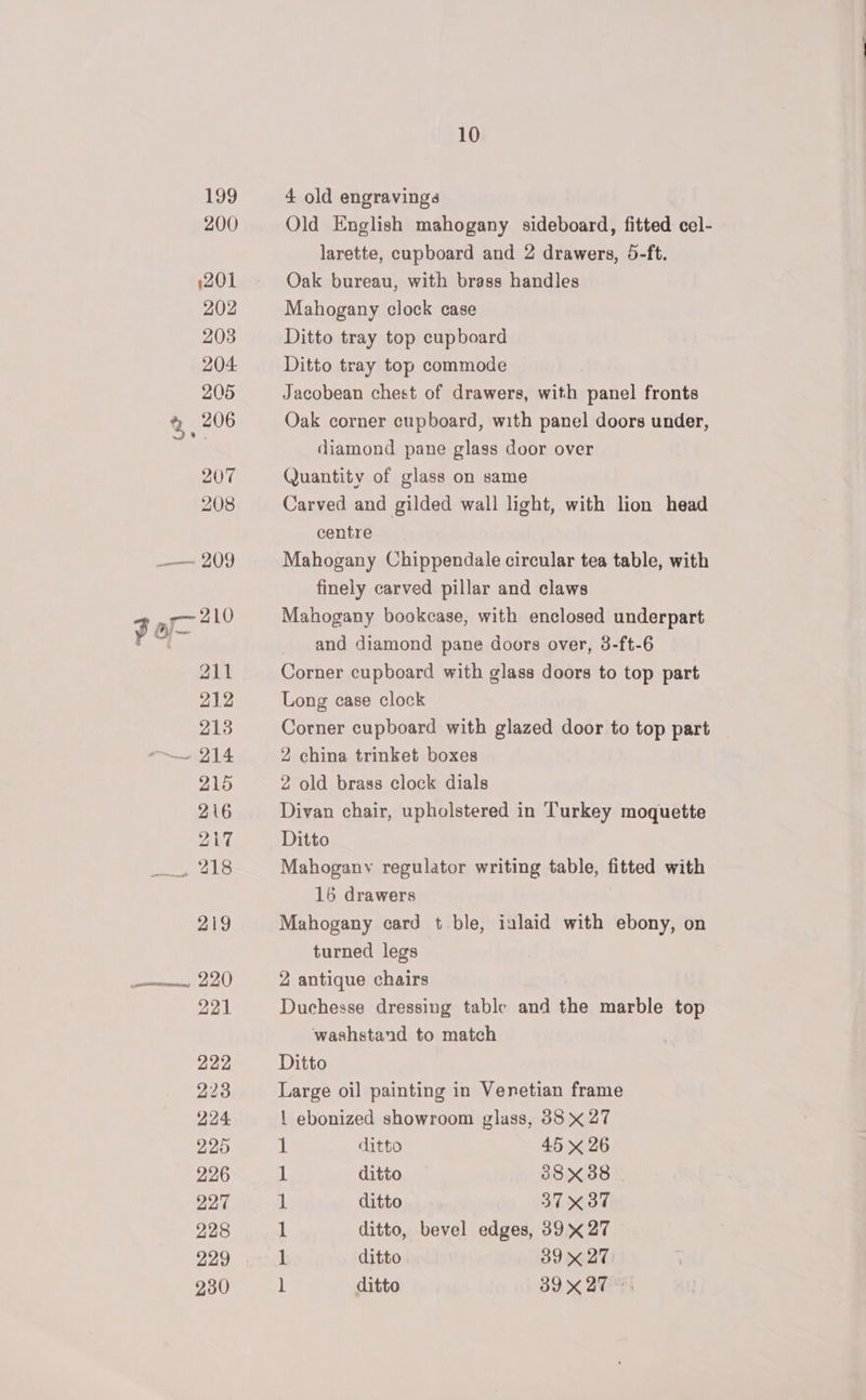4 old engravings Old English mahogany sideboard, fitted cel- larette, cupboard and 2 drawers, 5-ft. Oak bureau, with brass handles Mahogany clock case Ditto tray top cupboard Ditto tray top commode Jacobean chest of drawers, with panel fronts Oak corner cupboard, with panel doors under, diamond pane glass door over Quantity of glass on same Carved and gilded wall light, with lion head centre Mahogany Chippendale circular tea table, with finely carved pillar and claws Mahogany bookcase, with enclosed underpart and diamond pane doors over, 3-ft-6 Corner cupboard with glass doors to top part Long case clock Corner cupboard with glazed door to top part 2 china trinket boxes 2 old brass clock dials Divan chair, upholstered in Turkey moquette Ditto Mahogany regulator writing table, fitted with 16 drawers Mahogany card t ble, ialaid with ebony, on turned legs 2 antique chairs Duchesse dressing table and the marble top washstand to match Ditto Large oil painting in Venetian frame ! ebonized showroom glass, 38 x 27 1 ditto 45 x 26 1 ditto 38X38 1 ditto 3737 1 ditto, bevel edges, 39 x 27 1 ditto 39 x 27 l ditto 39. ¢ BY