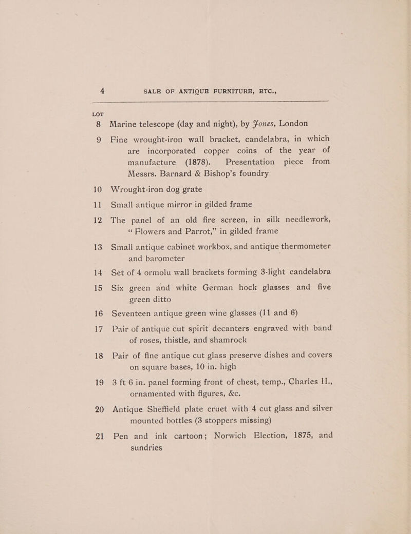 19 20 21 SALE OF ANTIQUE FURNITURE, ETC., Marine telescope (day and night), by ones, London Fine wrought-iron wall bracket, candelabra, in which are incorporated copper coins of the year of manufacture (1878). Presentation piece from Messrs. Barnard &amp; Bishop’s foundry Wrought-iron dog grate Small antique mirror in gilded frame The panel of an old fire screen, in silk needlework, ‘Flowers and Parrot,” in gilded frame Small antique cabinet workbox, and antique thermometer and barometer Set of 4 ormolu wall brackets forming 3-light candelabra Six green and white German hock glasses and five green ditto Seventeen antique green wine glasses (11 and 6) Pair of antique cut spirit decanters engraved with band of roses, thistle, and shamrock Pair of fine antique cut glass preserve dishes and covers on square bases, 10 in. high 3 ft 6 in. panel forming front of chest, temp., Charles II., ornamented with figures, &amp;c. Antique Sheffield plate cruet with 4 cut glass and silver mounted bottles (3 stoppers missing) Pen and ink cartoon; Norwich Election, 1875, and sundries