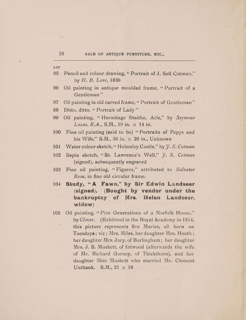 LOT 95 96 a7 98 99 100 101 102 103 104 105 Pencil and colour drawing, “ Portrait of J. Sell Cotman,” by H. B. Love, 1836 Oil painting in antique moulded frame, “ Portrait of a Gentleman” Oil painting in old carved frame, “ Portrait of Gentleman”’ Ditto, ditto, ‘“ Portrait of Lady ” Oil painting, “ Hermitage Staithe, Acle,” by Seymour Lucas, R.A; SM. 19 tthe -T4 in: Fine oil painting (said to be) “ Portraits of Pepys and his Wife,” S.M., 36 in. x 26 in., Unknown Water colour sketch, “ Helmsley Castle,” by ¥. S. Cotman Sepia sketch, “St. Lawrence’s Well,” ¥. S. Cotman (signed), subsequently engraved Fine oil painting, “ Figures,” attributed to Salvator Rosa, in fine old circular frame. Study, “A Fawn,” by Sir Edwin Landseer (signed), (Bought by vendor under the bankruptcy of Mrs. Helen Landseer, widow) Oil painting, “ Five Generations of a Norfolk House,” by Clover. (Exhibited in the Royal Academy in 1814, this picture represents five Maries, all born on Tuesdays; viz; Mrs. Miles, her daughter Mrs. Heath; her daughter Mrs. Jary, of Burlingham; her daughter Mrs. J. S. Muskett, of Intwood (afterwards the wife of Mr. Richard Gurney, of Thickthorn), and her daughter Miss Muskett who married Mr. Clement Unthank. S.M., 21 x 16