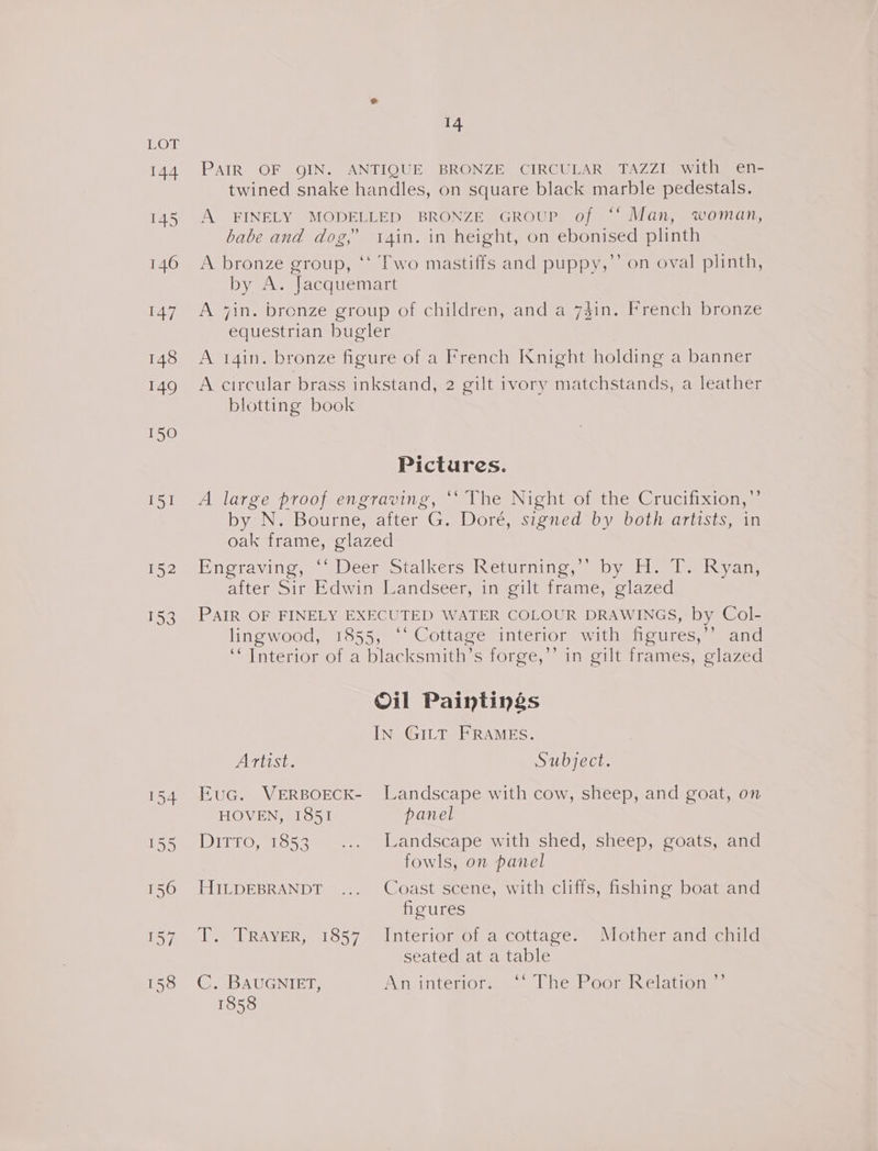 151 152 153 14 PAIR OF QIN. ANTIQUE BRONZE CIRCULAR TAZZI with en- twined snake handles, on square black marble pedestals. A FINELY MODELLED BRONZE GROUP of ‘“‘ Man, woman, babe and dog, t4in. in height, on ebonised plinth A bronze group, ‘‘ Two mastiffs and puppy,’’ on oval plinth, by A. Jacquemart A 7in. bronze group of children, and a 7$in. French bronze equestrian bugler A 14in. bronze figure of a French IXnight holding a banner A circular brass inkstand, 2 gilt ivory matchstands, a leather blotting book Pictures. b] A large proof engraving, ‘‘ The Night of the Crucifixion,’ by N. Bourne, after G. Doré, signed by both artists, in oak frame, glazed Engraving, eo tDeersotalkers Returning, meyers after Sir Edwin Landseer, in gilt frame, glazed PAIR OF FINELY EXECUTED WATER COLOUR DRAWINGS, by Col- lingwood, 1855, ‘‘ Cottage interior with figures,’’ and ‘“Tnterior of a blacksmith’s forge,’ in gilt frames, glazed Oil Paintings IN GILT FRAMES. Artist. Subject. EuG. VERBOECK- Landscape with cow, sheep, and goat, on HOVEN, 1851 panel Ditto, 1853. ... Landscape with shed, sheep, goats, and fowls, on panel HILDEBRANDT ... Coast scene, with cliffs, fishing boat and figures T. TRAYeER, 1857 Interior of a cottage. Mother and child seated at a table C. BAUGNIET, An. interior. == | he.PoorsR elation. 1858