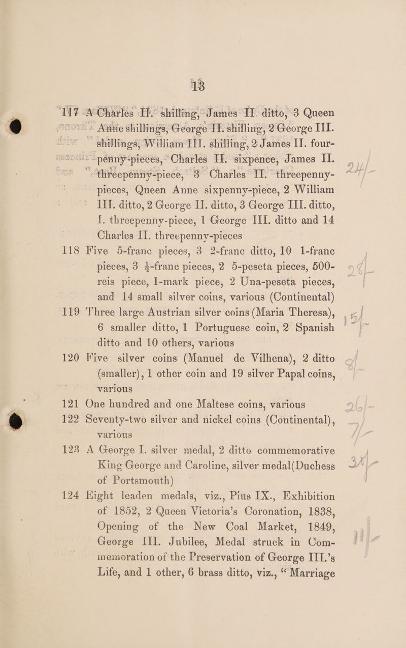 118 120 8 _ shillings, William TL. shilling, 2 James IT. four- “ threepenny-piece, 8 Charles “IT. ’ ‘threepenny- pieces, Queen Anne sixpenny-piece, 2 William ITT. ditto, 2 George II. ditto, 3 George III. ditto, {. threepenny-piece, 1 George III. ditto and 14 Charles IT. threepenny-pieces pieces, 3 4-frane pieces, 2 5-peseta pieces, 500- reis piece, l-mark piece, 2 Una-peseta pieces, and 14 small silver coins, various (Continental) Three large Austrian silver coins (Maria Theresa), 6 smaller ditto, 1 Portuguese coin, 2 Spanish ditto and 10 others, various Five silver coins (Manuel de Vilhena), 2 ditto (smaller), 1 other coin and 19 silver Papal coins, various One hundred and one Maltese coins, various Seventy-two silver and nickel coins (Continental), various | A George I. silver medal, 2 ditto commemorative King George and Caroline, silver medal(Duchess of Portsmouth) Hight leaden medals, viz., Pius [X., Exhibition of 1852, 2 Queen Victoria’s Coronation, 1838, Opening of the New Coal Market, 1849, George II]. Jubilee, Medal struck in Com- memoration of the Preservation of George ITI.’s