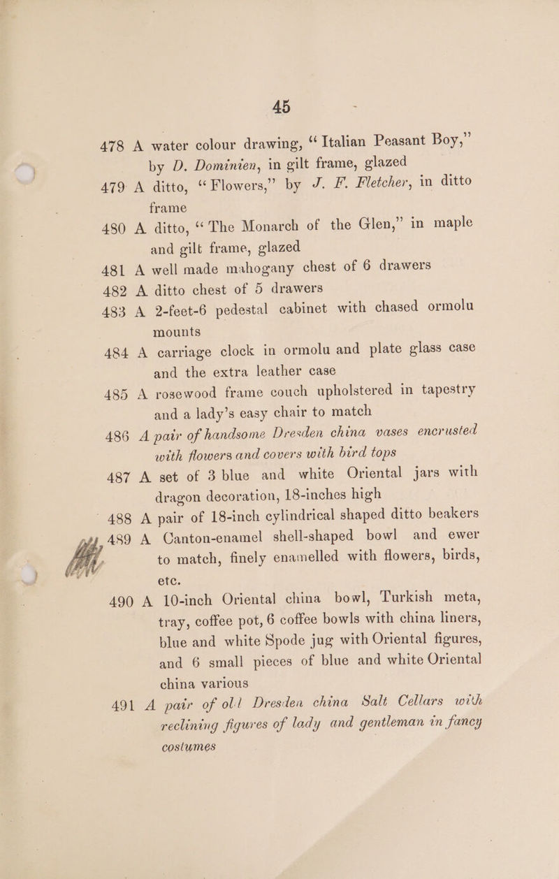 478 A water colour drawing, “ Italian Peasant Boy,” by D. Dominien, in gilt frame, glazed 479 A ditto, “Flowers,” by J. F. Fletcher, in ditto frame 480 A ditto, “The Monarch of the Glen,” in maple and gilt frame, glazed 481 A well made mahogany chest of 6 drawers 482 A ditto chest of 5 drawers 483 A 2-feet-6 pedestal cabinet with chased ormolu mounts 484 A carriage clock in ormolu and plate glass case and the extra leather case 485 A rosewood frame couch upholstered in tapestry and a lady’s easy chair to match 486 A pair of handsome Dresden china vases encrusted wrth flowers and covers with bird tops 487 A set of 3 blue and white Oriental jars with dragon decoration, 18-inches high 488 A pair of 18-inch cylindrical shaped ditto beakers Bil, 289 A Canton-enamel shell-shaped bowl and ewer df to match, finely enamelled with flowers, birds, etc. 490 A 10-inch Oriental china bowl, Turkish meta, tray, coffee pot, 6 coffee bowls with china liners, blue and white Spode jug with Oriental figures, and 6 small pieces of blue and white Oriental china various 491 A patr of oll Dresden china Salt Cellars with reclining figures of lady and gentleman in fancy costumes