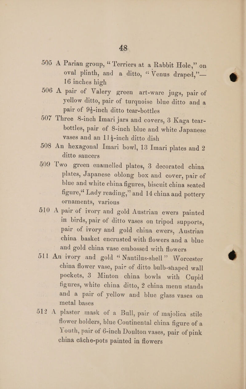 995 A Parian group, “Terriers at a Rabbit Hole,” on oval plinth, and a ditto, “ Venus draped,” — 16 inches high 506 A pair of Valery green art-ware jugs, pair of yellow ditto, pair of turquoise blue ditto and a pair of a ditto tear-bottles 007 Three 8-inch Imari jars and cover s, 3 Kaga tear- bottles, pair of 8-inch blue and white Japanese vases and an 114-inch ditto dish 508 An hexagonal Imari bowl, 13 Imari plates and 2 ditto saucers | 009 l'wo green enamelled plates, 3 decorated china plates, Japanese oblong box and cover, pair of blue and white china figures, biscuit china seated figure,“ Lady reading,” and 14 china and pottery ornaments, various 510 A pair of ivory and gold Austrian ewers painted in birds, pair of ditto vases on tripod supports, pair of ivory and gold china ewers, Austrian china basket encrusted with flowers and a blue and gold china vase embossed with fluwers oll An ivory and gold “ Nautilus-shell’? Worcester china flower vase, pair of ditto bulb-shaped wall pockets, 3 Minton china bowls with Cupid figures, white china ditto, 2 china menu stands and a pair of yellow and blue glass vases on metal bases 512 A plaster mask of a Bull, pair of majolica stile flower holders, blue Continental china figure of a Youth, pair of 6-inch Doulton vases, pair of pink china céche-pots painted in flowers