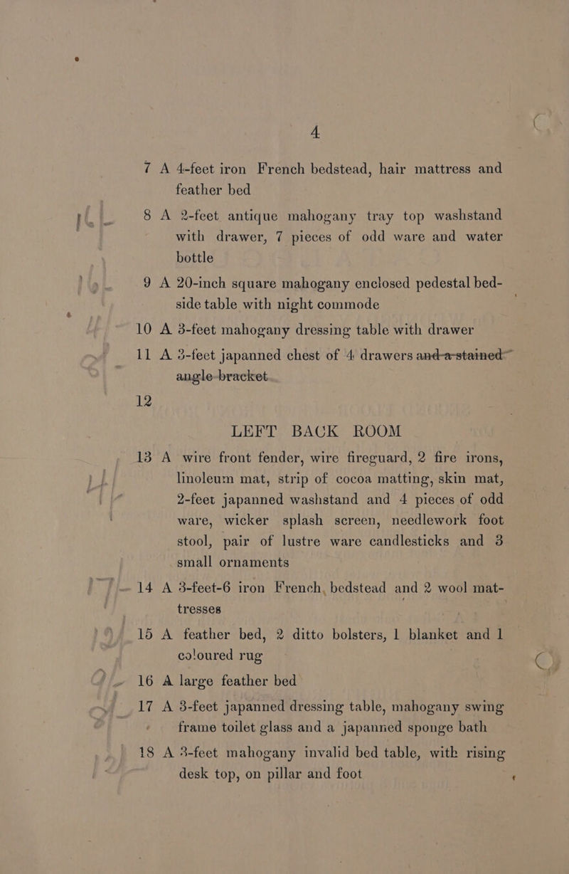 7 A 4-feet iron French bedstead, hair mattress and feather bed 8 A 2-feet antique mahogany tray top washstand with drawer, 7 pieces of odd ware and water bottle 9 A 20-inch square mahogany enclosed pedestal bed- side table with night commode : 10 A 3-feet mahogany dressing table with drawer 11 A 3-feet japanned chest of 4 drawers and-stamed angle-bracket LEFT BACK ROOM 13 A wire front fender, wire fireguard, 2 fire irons, linoleum mat, strip of cocoa matting, skin mat, 2-feet japanned washstand and 4 pieces of odd ware, wicker splash screen, needlework foot stool, pair of lustre ware candlesticks and 3 small ornaments 14 A 3-feet-6 iron French, bedstead and 2 wool mat- tresses 15 A feather bed, 2 ditto bolsters, 1 blanket and 1 coloured rug 16 A large feather bed 17 A 3-feet japanned dressing table, mahogany swing frame toilet glass and a japanned sponge bath 18 A 3-feet mahogany invalid bed table, with rising desk top, on pillar and foot