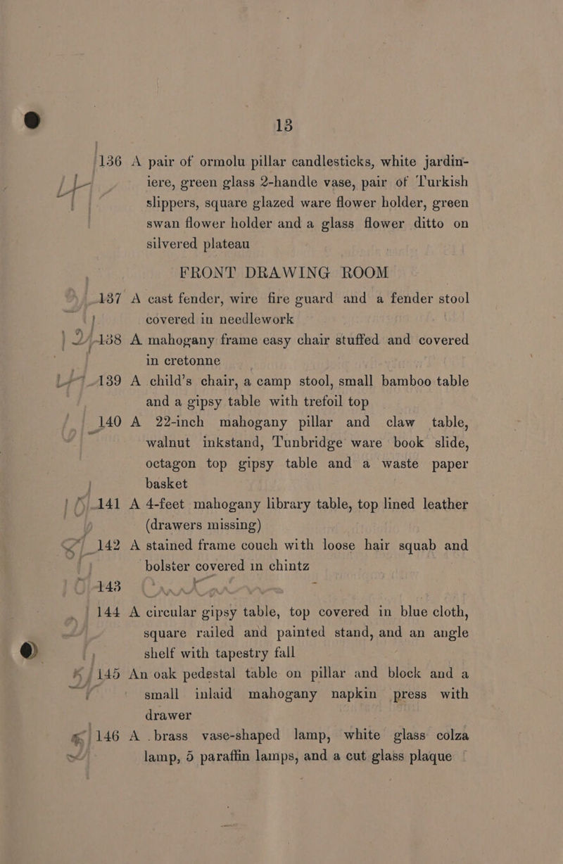 15 136 A pair of ormolu pillar candlesticks, white jardin- L iere, green glass 2-handle vase, pair of ‘l'urkish , | slippers, square glazed ware flower holder, green swan flower holder and a glass flower ditto on silvered plateau FRONT DRAWING ROOM 187 A cast fender, wire fire guard and a fender stool } covered in needlework : 2/138 A mahogany frame easy chair stuffed and covered | in cretonne , : 139 A child’s chair, a camp stool, small bamboo table and a gipsy table with trefoil top 140 A 22-inch mahogany pillar and claw table, a walnut inkstand, Tunbridge ware ‘book slide, octagon top gipsy table and a waste paper basket | /, 141 A 4-feet mahogany library table, top lined leather ce | (drawers missing) | if 142 A stained frame couch with loose hair squab and bolster covered in chintz 144 A circular gipsy table, top covered in blue cloth, square railed and painted stand, and an angle i) shelf with tapestry fall ® /145 An oak pedestal table on pillar and block and a * + small inlaid mahogany napkin press with | drawer faintest = 146 A .brass vase-shaped lamp, white glass colza o lamp, 5 paraffin lamps, and a cut glass plaque