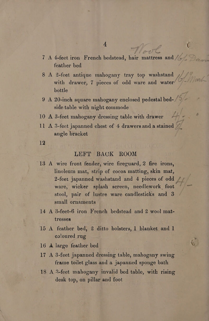 A ¢ feather bed bottle side table with night commode cv angle bracket 12 LEFT BACK ROOM 13 A wire front fender, wire fireguard, 2 fire irons, linoleum mat, strip of cocoa matting, skin mat, stool, pair of lustre ware candlesticks and 3 small ornaments 14 A 3-feet-6 iron French bedstead and 2 wool mat- tresses 15 A feather bed, 2 ditto bolsters, 1 blanket and 1 coloured rug 17 A 3-feet japanned dressing table, mahogany swing frame toilet glass and a japanned sponge bath 18 A 3-feet mahogany invalid bed table, with rising desk top, on pillar and foot we