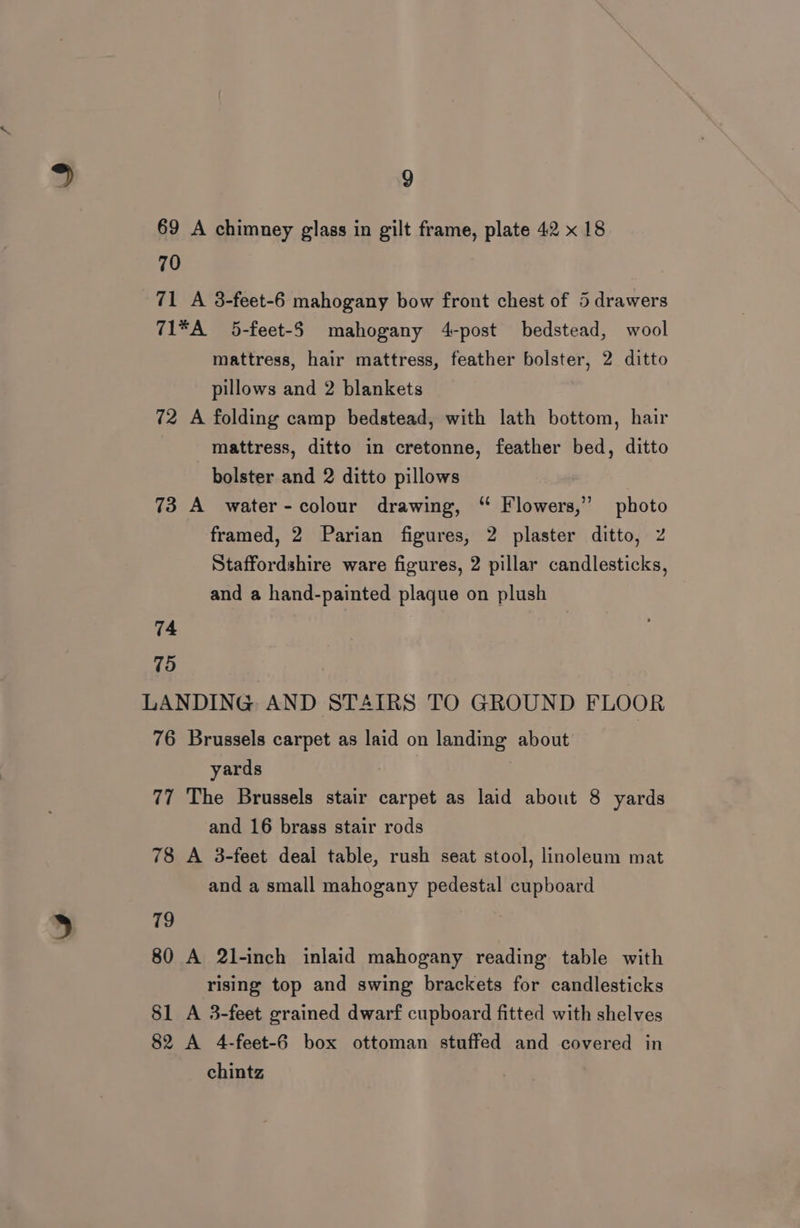69 A chimney glass in gilt frame, plate 42 x 18 70 71 A 3-feet-6 mahogany bow front chest of 5 drawers 71*A 5-feet-5 mahogany 4-post bedstead, wool mattress, hair mattress, feather bolster, 2 ditto pillows and 2 blankets 72 A folding camp bedstead, with lath bottom, hair mattress, ditto in cretonne, feather bed, ditto bolster and 2 ditto pillows 73 A water-colour drawing, ‘“ Flowers,” photo framed, 2 Parian figures, 2 plaster ditto, Z Staffordshire ware figures, 2 pillar candlesticks, and a hand-painted plaque on plush 74 75 LANDING AND STAIRS TO GROUND FLOOR 76 Brussels carpet as laid on landing about yards 77 The Brussels stair carpet as laid about 8 yards and 16 brass stair rods 78 A 3-feet deal table, rush seat stool, linoleum mat and a small mahogany pedestal cupboard 79 80 A 2l-inch inlaid mahogany reading table with rising top and swing brackets for candlesticks 81 A 3-feet grained dwarf cupboard fitted with shelves 82 A 4-feet-6 box ottoman stuffed and covered in chintz