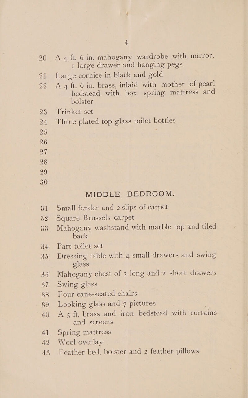 32 4 A 4 ft. 6 in. mahogany wardrobe with mirror, Large cornice in black and gold A a ft. 6 in. brass, inlaid with mother of pearl bedstead with box spring mattress and bolster Three plated top glass toilet bottles MIDDLE BEDROOM. Small fender and 2 slips of carpet Square Brussels carpet Mahogany washstand with marble top and tiled back Part toilet set Dressing table with 4 small drawers and swing glass Mahogany chest of 3 long and 2 short drawers Swing glass Four cane-seated chairs Looking glass and 7 pictures | A 5 ft. brass and iron bedstead with curtains and screens Spring mattress Wool overlay Feather bed, bolster and 2 feather pillows