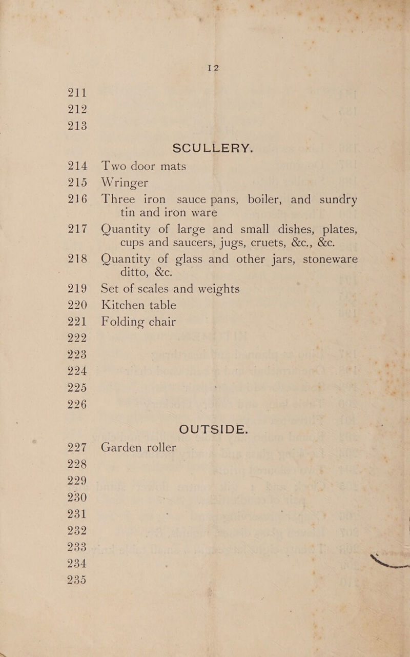 SCULEBERY: Two door mats Wringer Three iron sauce pans, boiler, and sundry tin and iron ware Quantity of large and small dishes, plates, cups and saucers, jugs, cruets, &amp;c., &amp;c. Quantity of glass and other jars, stoneware ditto, &amp;c. Set of scales and weights Kitchen table Folding chair OUTSIDE. Garden roller