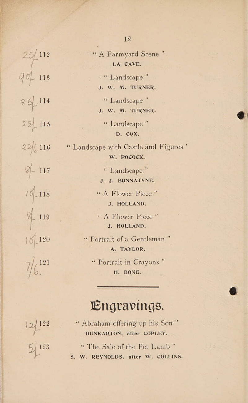 i ~~ ~ ‘ A Farmyard.Scene y So landseanas J ‘“ Landscape ’ ‘. Wandseane as D. COX. “ Landscape with Castle and Figures ' W. POCOCK. b) “ Landscape ° J. J. BONNATYNE. « A Flower Piece ” J. HOLLAND. « A Flower Piece ” J. HOLLAND. ” “ Portrait of a Gentleman A. TAYLOR. “Portrait in Crayons H. BONE. LEngravings. “ Abraham offering up his Son ” DUNKARTON, after COPLEY. ‘<7 heiSale ol the Pet deamb 7 S. W. REYNOLDS, after W. COLLINS.