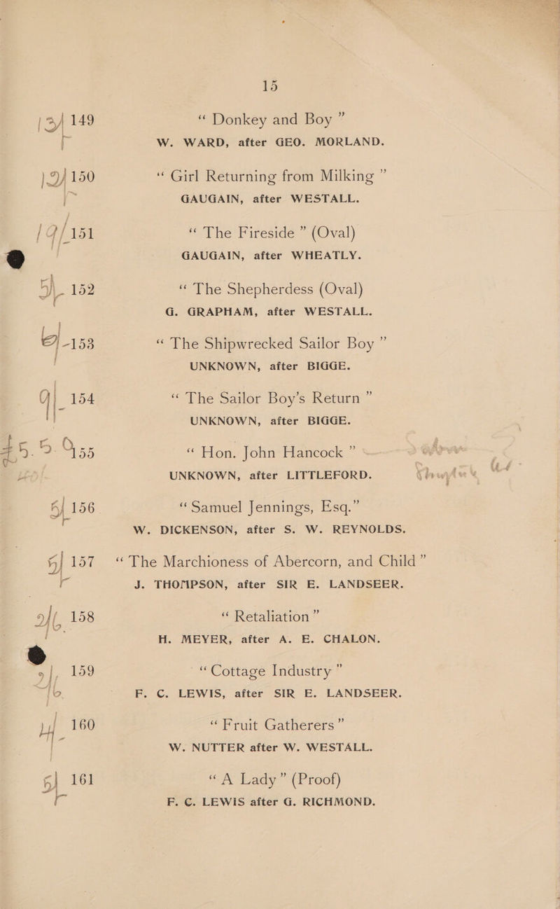 “ Donkey and Boy ” W. WARD, after GEO. MORLAND. ‘Girl Returning from Milking ” GAUGAIN, after WESTALL. The Fireside (Oval) GAUGAIN, after WHEATLY. “ The Shepherdess (Oval) G. GRAPHAM, after WESTALL. “ The Shipwrecked Sailor Boy ” UNKNOWN, after BIGGE. ‘The Sailor Boy’s Return ” UNKNOWN, after BIGGE. « Pion: Johintramceck ” UNKNOWN, after LITTLEFORD. (“Samuel Jennings, sq.” W. DICKENSON, after S. W. REYNOLDS. J. THOTIPSON, after SIR E. LANDSEER. “ Retaliation ” H. MEYER, after A. E. CHALON. “Cottage Industry! F. C. LEWIS, after SIR E. LANDSEER. “Fruit Gatherers ” W. NUTTER after W. WESTALL. SoM laa (Proof) F. C. LEWIS after G. RICHMOND.
