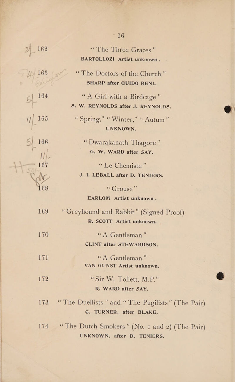 Y\_, 162 | Wy.) 168 -} 164 i]/ 165 5} 166 ee 172 173 174 aa) “The ‘Dhfeesaraces.” BARTOLLOZI Artist unknown. “The Doctors of the Church ” SHARP after GUIDO RENI. “ A Girl with a Birdcage e S. W. REYNOLDS after J. REYNOLDS. “Spring,” “ Winter,” “ Autum ” UNKNOWN. “ Dwarakanath Thagore” G. W. WARD after SAY. ‘< Te Chemiste ” J. I. LEBALL after D. TENIERS. “ Grouse” EARLOM Artist unknown. “Greyhound and Rabbit” (Signed Proof) R. SCOTT Artist unknown. | “ A Gentleman ” CLINT after STEWARDSON. “ A Gentleman ” VAN GUNST Artist unknown. Seyie Wis dWelllave, WhIER’ R. WARD after SAY. “The Duellists ” and “ The Pugilists” (The Pair) C. TURNER, after BLAKE. “The Dutch Smokers ” (No. 1 and 2) (The Pair) UNKNOWN, after D. TENIERS.