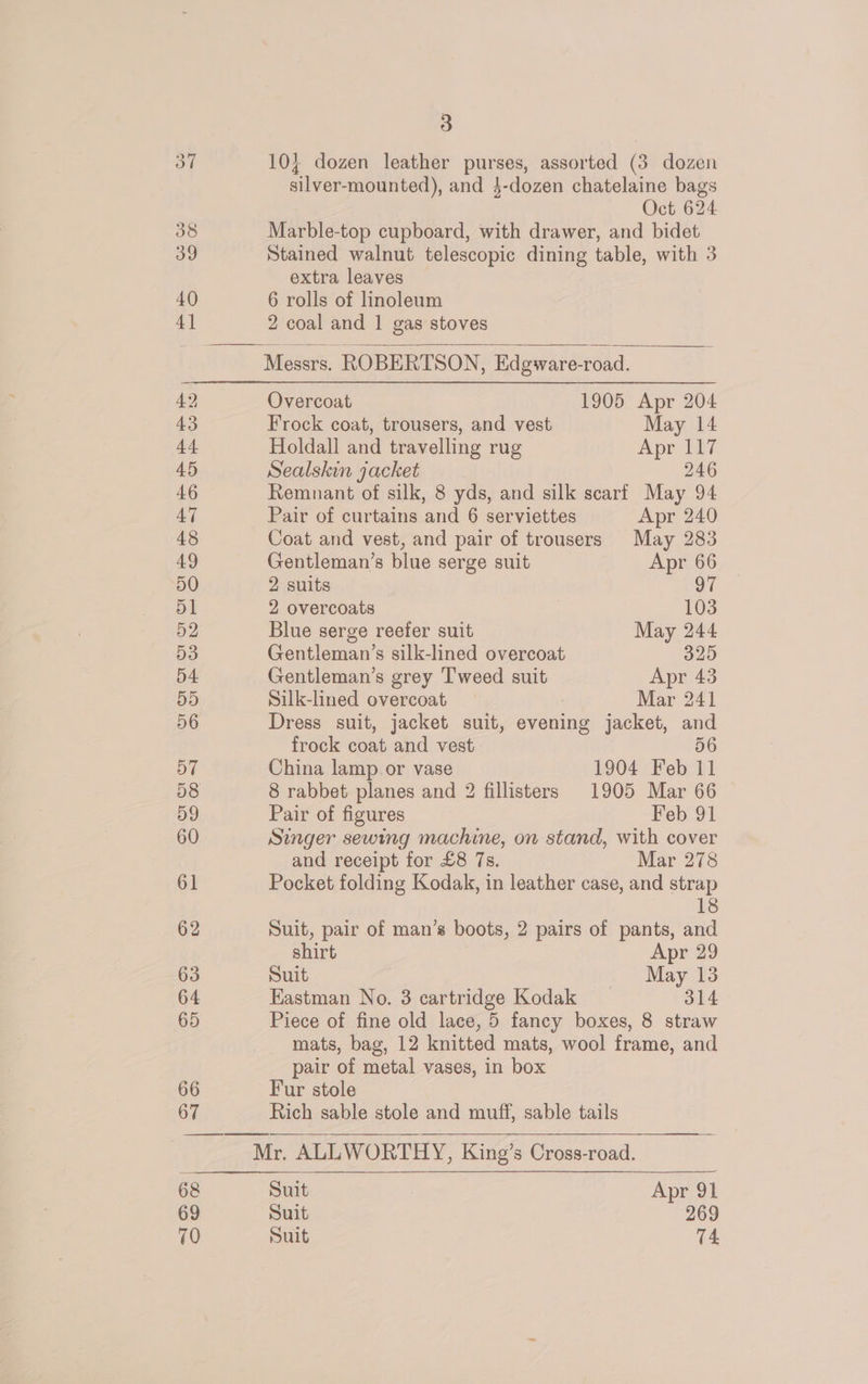 10} dozen leather purses, assorted (3 dozen silver-mounted), and }-dozen chatelaine bags Oct 624 Marble-top cupboard, with drawer, and bidet Stained walnut telescopic dining table, with 3 extra leaves 6 rolls of linoleum 2 coal and 1 gas stoves Messrs. ROBERTSON, Edgware-road. Overcoat 1905 Apr 204 Frock coat, trousers, and vest May 14 Holdall and travelling rug Apr Thy Sealskin jacket 246 Remnant of silk, 8 yds, and silk scarf May 94 Pair of curtains and 6 serviettes Apr 240 Coat and vest, and pair of trousers May 283 Gentleman’s blue serge suit Apr 66 2 suits of 2 overcoats 103 Blue serge reefer suit May 244 Gentleman’s silk-lined overcoat 325 Gentleman’s grey Tweed suit Apr 43 Silk-lined overcoat Mar 241 Dress suit, jacket suit, evening jacket, and frock coat and vest 56 China lamp.or vase 1904 Feb 11 8 rabbet planes and 2 fillisters 1905 Mar 66 Pair of figures Feb 91 Singer sewing machine, on stand, with cover and receipt for £8 7s. Mar 278 Pocket folding Kodak, in leather case, and strap 18 Suit, pair of man’s boots, 2 pairs of pants, and shirt Apr 29 Suit May 13 Eastman No. 3 cartridge Kodak 314 Piece of fine old lace, 5 fancy boxes, 8 straw mats, bag, 12 knitted mats, wool frame, and pair of metal vases, in box Fur stole Rich sable stole and muff, sable tails Mr. ALLWORTHY, King’s Cross-road. | Suit Apr 91 Suit 269 Suit 74