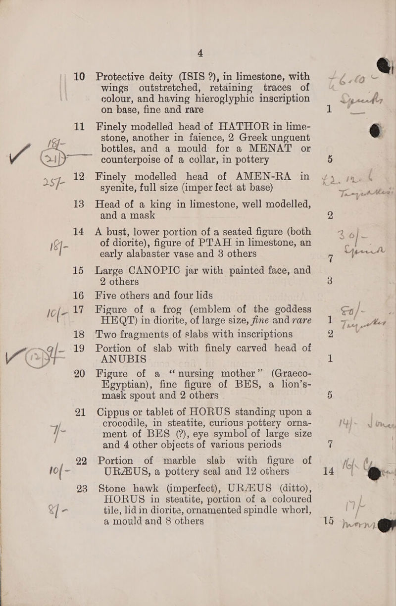 10 11 ey a 13 14 I§|- 15 16 jo(- + 18 gli 19 T- 20 21 sf. } 22 fof - 23 &amp;] - 4 Protective deity (ISIS ?), in limestone, with wings outstretched, retaining traces of colour, and having hieroglyphic inscription on base, fine and rare Finely modelled head of HATHOR in lime- stone, another in faience, 2 Greek unguent bottles, and a mould for a MENAT or Finely modelled head of AMEN-RA in syenite, full size (imper fect at base) Head of a king in limestone, well modelled, and a mask A bust, lower portion of a seated figure (both of diorite), figure of PTAH in limestone, an early alabaster vase and 3 others Large CANOPIC jar with painted face, and 2 others Five others and four lids Figure of a frog (emblem of the goddess HEQT) in diorite, of large size, fine and rare Two fragments of slabs with inscriptions Portion of slab with finely carved head of ANUBIS Figure of a “nursing mother” (Graeco- Egyptian), fine figure of BES, a lion’s- mask spout and 2 others Cippus or tablet of HORUS standing upon a crocodile, in steatite, curious pottery orna- ment of BES (?), eye symbol of large size and 4 other objects of various periods Portion of marble slab with figure of URAGUS, a pottery seal and 12 others Stone hawk (imperfect), URALUS (ditto), HORUS in steatite, portion of a coloured tile, lidin diorite, ornamented spindle whorl, a mould and 8 others |