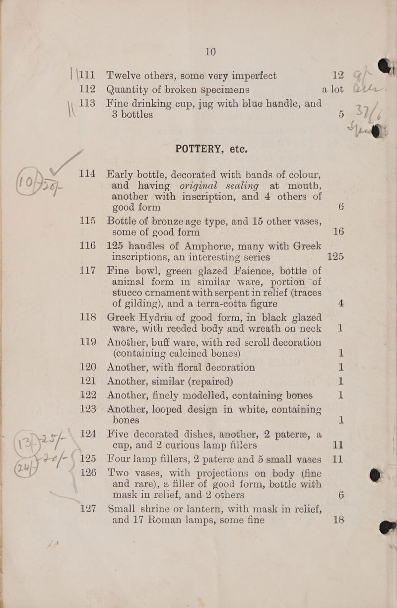 —— ; Wt, hy ; &amp; = es Ss 114 les 116 117 118 120 121 122 123 124 — 125 126 127 10 T'welve others, some very imperfect 12 Quantity of broken specimens a lot Fine drinking cup, jug with blue handle, and 3 bottles 5 POTTERY, etc. Early bottle, decorated with bands of colour, and having original sealing at mouth, another with inscription, and 4 others of good form 6 Bottle of bronze age type, and 15 other vases, some of good form 16 125 handles of Amphore, many with Greek inscriptions, an interesting series 125 Fine bowl, green glazed Faience, bottle of animal form in similar ware, portion of stucco crnament with serpent in relief (traces of gilding), and a terra-cotta figure 4 Greek Hydria of good form, in black glazed ware, with reeded body and wreath on neck 1 (containing calcined bones) Another, with floral decoration Another, similar (repaired) Another, finely modelled, containing bones Another, looped design in white, containing bones uf Five decorated dishes, another, 2 pater, a Four lamp fillers, 2 pateree and 5 small vases 11 T'wo vases, with projections on body (fine and rare), 4 filler of good form, bottle with a a mask in relief, and 2 others 6 Small shrine or lantern, with mask in relief, and 17 Roman lamps, some fine 18