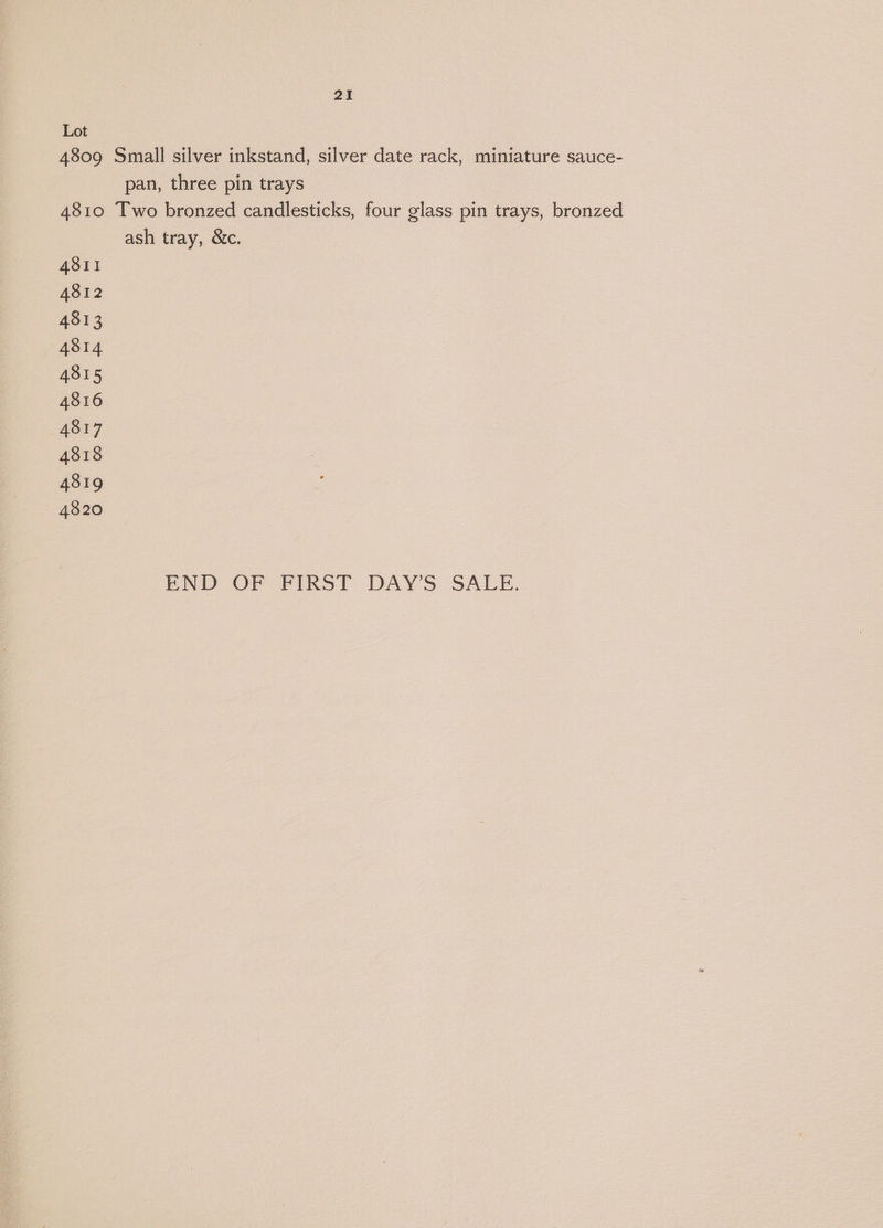 Lot 4809 Small silver inkstand, silver date rack, miniature sauce- pan, three pin trays 4810 Two bronzed candlesticks, four glass pin trays, bronzed ash tray, &amp;c. 4811 4812 4813 4814 4815 4816 4817 4818 4819 4820 END OF FIKST DAYS SALE.