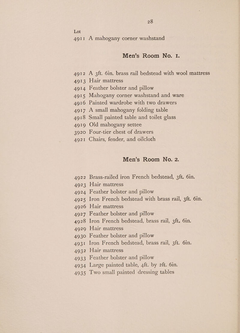 Lot 4911 A mahogany corner washstand Men’s Room No. I. 4912 A 3ft. 6in. brass rail bedstead with wool mattress 4913 Hair mattress 4914 Feather bolster and pillow 4915 Mahogany corner washstand and ware 4916 Painted wardrobe with two drawers 4917 A small mahogany folding table 4918 Small painted table and toilet glass 4919 Old mahogany settee 3920 Four-tier chest of drawers 4921 Chairs, fender, and oilcloth Men’s Room No. 2. 4922 Brass-railed iron French bedstead, 3ft. 6in. 4923 Hair mattress 4924 Feather bolster and pillow 4925 Iron French bedstead with brass rail, 3ft. 6in. 4926 Hair mattress 4927 Feather bolster and pillow 4928 Iron French bedstead, brass rail, 3ft, 6in. 4929 Hair mattress 4930 Feather bolster and pillow 4931 Iron French bedstead, brass rail, 3ft. 6in. 4932 Hair mattress 4933 Feather bolster and pillow 4934 Large painted table, 4ft. by 2ft. 6in. 4935 Iwo small painted dressing tables