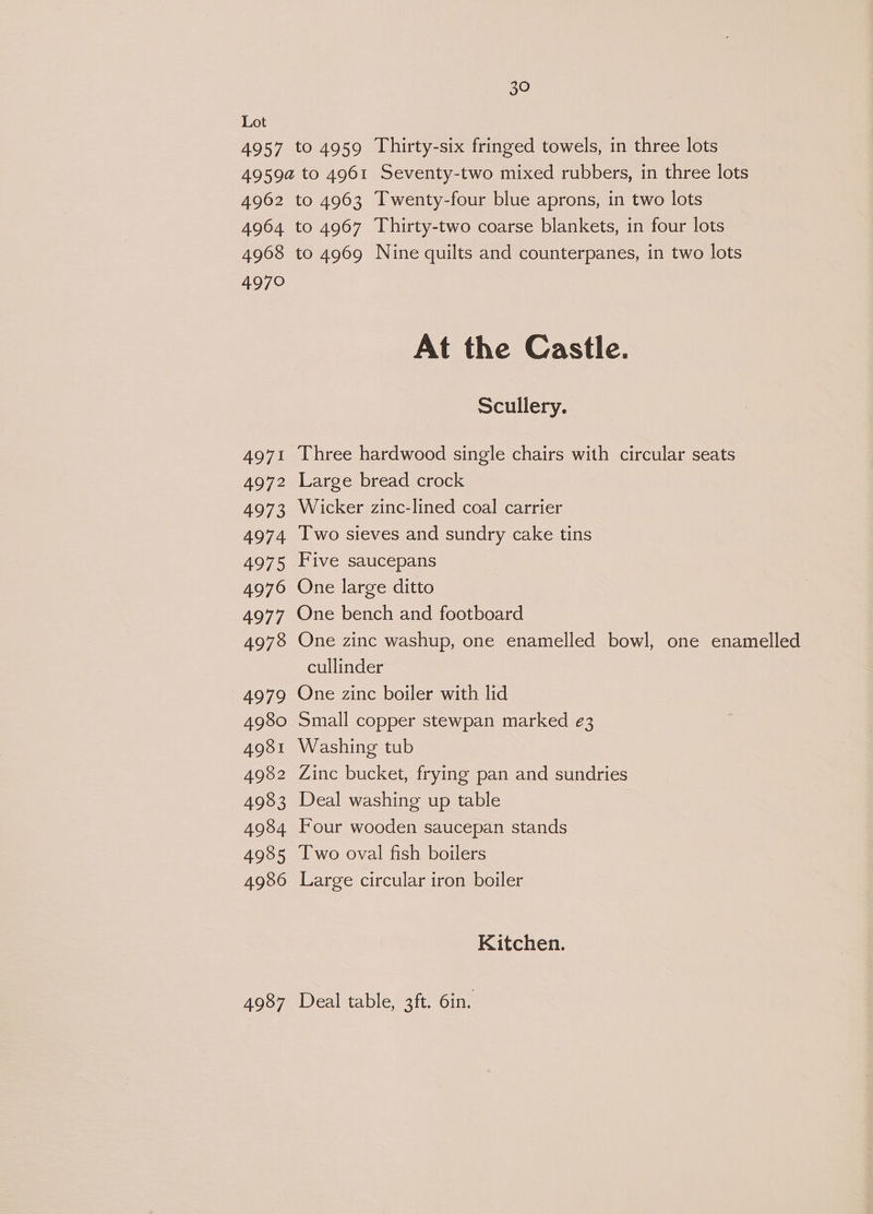 Lot 4957 to 4959 Thirty-six fringed towels, in three lots 4959a to 4961 Seventy-two mixed rubbers, in three lots 4962 to 4963 Twenty-four blue aprons, in two lots 4964 to 4967 Thirty-two coarse blankets, in four lots 4968 to 4969 Nine quilts and counterpanes, in two lots 4970 At the Castle. Scullery. 4971 Three hardwood single chairs with circular seats 4972 Large bread crock 4973 Wicker zinc-lined coal carrier 4974 Iwo sieves and sundry cake tins 4975 Five saucepans 4976 One large ditto 4977 One bench and footboard 4978 One zinc washup, one enamelled bowl, one enamelled cullinder 4979 One zinc boiler with lid 4980 Small copper stewpan marked e3 4981 Washing tub 4982 Zinc bucket, frying pan and sundries 4983 Deal washing up table 4984 Four wooden saucepan stands 4985 Two oval fish boilers 4986 Large circular iron boiler Kitchen. 4987 Deal table, 3ft. 6in.