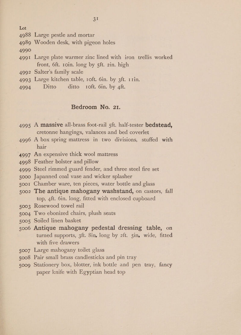 4988 4989 4990 4991 4992 4993 4994 4995 4996 4997 4998 4999 5000 5001 5002 5003 5004 5005 5006 5007 5008 5009 ae Large pestle and mortar Wooden desk, with pigeon holes Large plate warmer zinc lined with iron trellis worked front, 6ft. roin. long by 5ft. 2in. high Salter’s family scale Large kitchen table, 1oft. 6in. by 3ft. 11in. Ditto ditto t1oft. 6in. by 4ft. Bedroom No. 21. A massive all-brass foot-rail 5ft. half-tester bedstead, cretonne hangings, valances and bed coverlet A box spring mattress in two divisions, stuffed with hair An expensive thick wool mattress Feather bolster and pillow Steel rimmed guard fender, and three steel fire set Japanned coal vase and wicker splasher Chamber ware, ten pieces, water bottle and glass The antique mahogany washstand, on castors, fall top, 4ft. 6in. long, fitted with enclosed cupboard Rosewood towel rail Two ebonized chairs, plush seats Soiled linen basket Antique mahogany pedestal dressing table, on turned supports, 3ft. 8in, long by 2ft. 5in, wide, fitted with five drawers Large mahogany toilet glass Pair small brass candlesticks and pin tray Stationery box, blotter, ink bottle and pen tray, fancy paper knife with Egyptian head top