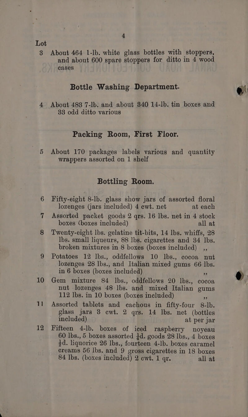 ~ Lot 10 11 12 4 About 464 1-lb. white glass bottles with stoppers, and about 600 spare stoppers for ditto in 4 wood cases . Bottle Washing Department. About 488 7-lb. and about 840 14-lb. tin boxes and 38 odd ditto various Packing Room, First Floor. About 170 packages labels various and quantity wrappers assorted on 1 shelf Bottling Room. Fifty-eight 8-lb. glass show jars of assorted floral lozenges (jars included) 4 ewt. net at each Assorted packet goods 2 qrs. 16 lbs. net in 4 stock boxes (boxes included) all at Twenty-eight lbs. gelatine tit-bits, 14 lbs. whiffs, 28 lbs. small liqueurs, 88 lbs. cigarettes and 34 lbs. broken mixtures in 8 boxes (boxes included) _,, Potatoes 12 lbs., oddfellows 10 lbs., cocoa nut lozenges 28 lbs., and Italian mixed gums 66 lbs. in 6 boxes (boxes included) A Gem mixture 84 lbs., oddfellcows 20 lbs., cocoa nut lozenges 48 lbs. and mixed Italian gums 112 lbs. in 10 boxes (boxes included) Re Assorted tablets and cachous in fifty-four 8-lb. glass jars 8 cwt. 2 qrs. 14 Ibs. net (bottles included) at per jar Fifteen 4-lb. boxes of iced raspberry noyeau 60 Ibs., 5 boxes assorted 3d. goods 28 lbs., 4 boxes 2d. liquorice 26 lbs., fourteen 4-lb. boxes caramel creams 56 lbs. and 9 gross cigarettes in 18 boxes 84 lbs. (boxes included) 2 cwt. 1 qr. ali at