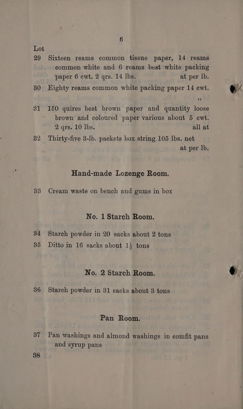 29 30 31 82 33 34 35 36 37 38 Sixteen reams common tissue paper, 14 reams common white and 6 reams best white packing paper 6 cwt. 2 qrs. 14 lbs. at per lb. Kighty reams common white packing paper 14 ewt. 150 quires best brown paper and quantity loose brown’ and coloured paper various about 5 cwt. 2 qrs. 10 lbs. all at Thirty-five 3-lb. packets box string 105 lbs. net at per lb. Hand-made Lozenge Room. Cream waste on bench and gums in box No. 1 Starch Room. Starch powder in 20 sacks about 2 tons Ditto in 16 sacks about 1} tons No. 2 Starch Room. Starch powder in 81 sacks about 3 tons Pan Room. Pan washings and almond washings in comfit pans and syrup pans -